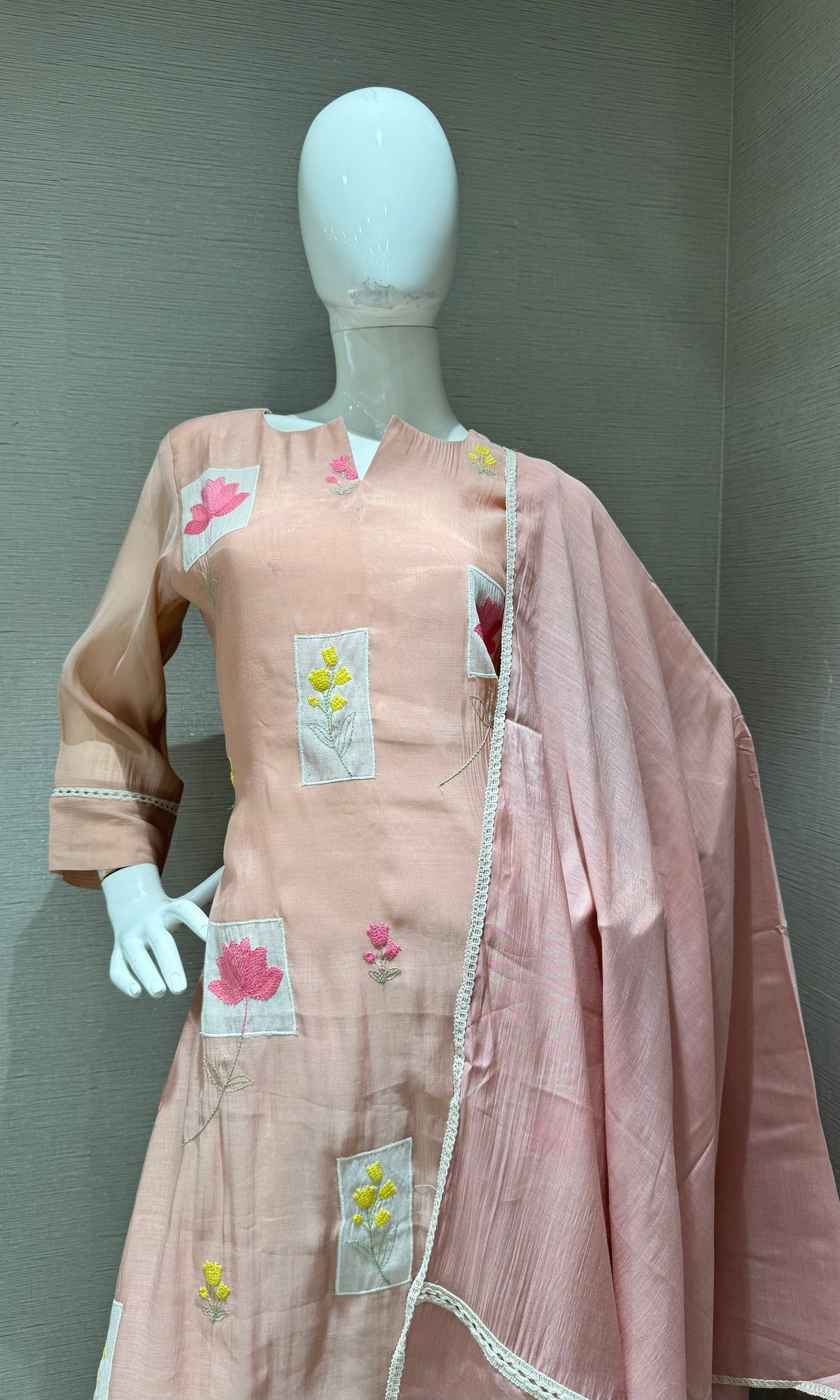 Blush Pink Floral Patchwork Kurta Set with Dupatta