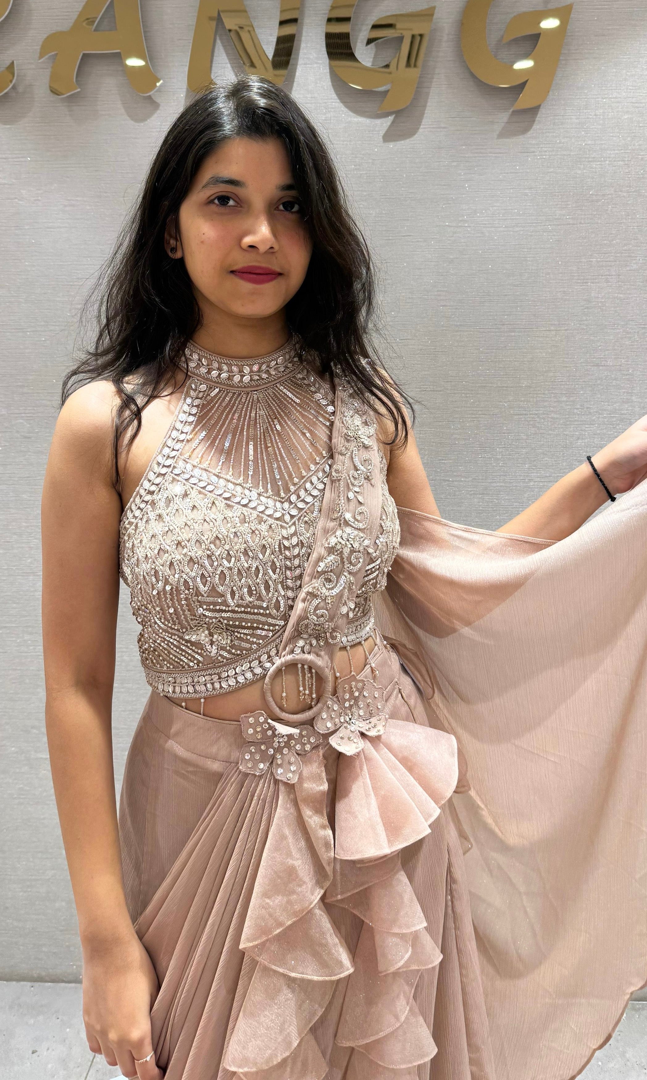 Beige Ruffle drape saree with Embellished blouse