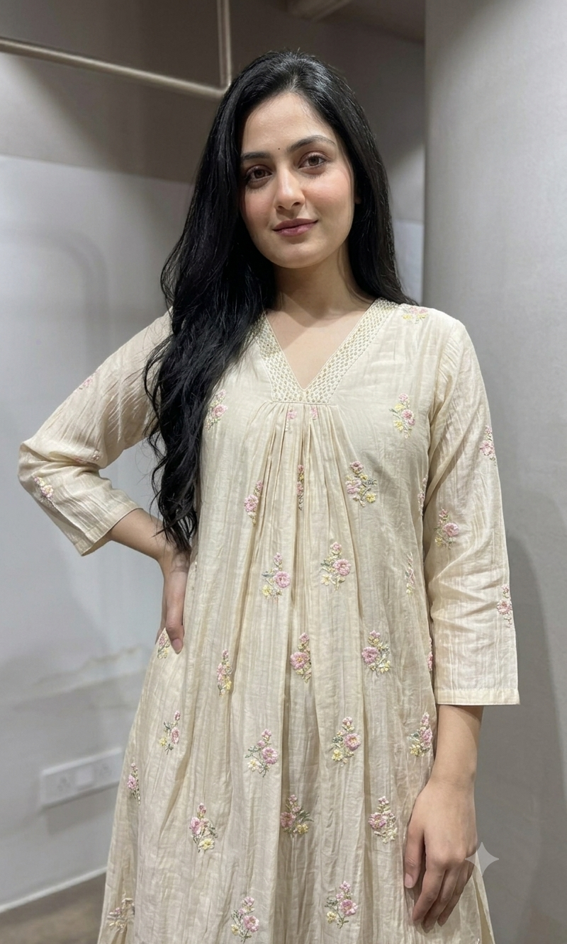 Cream Floral Embroidered Kurta Set with Dupatta