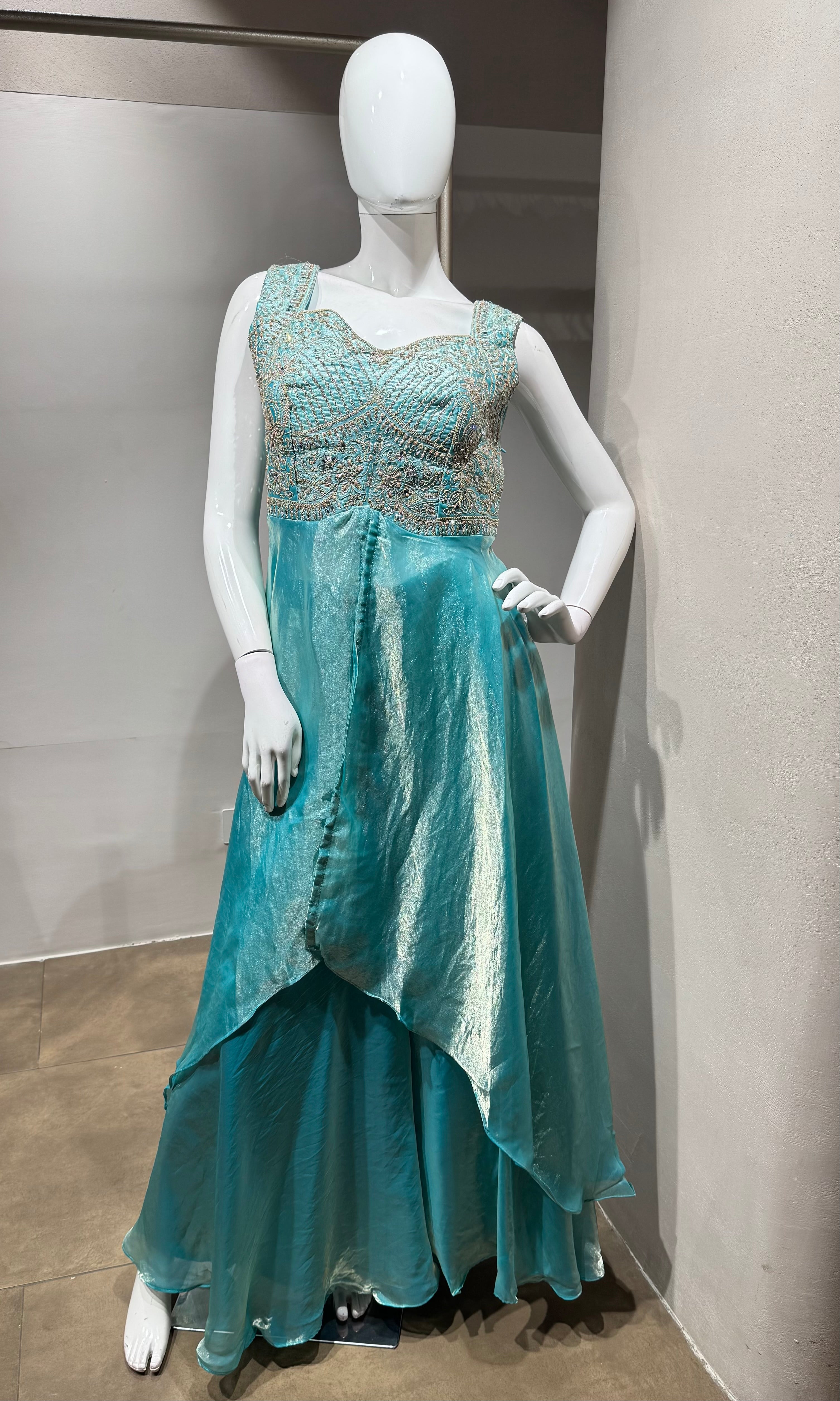 Sea Blue Shimmer Tissue Palazzo Set