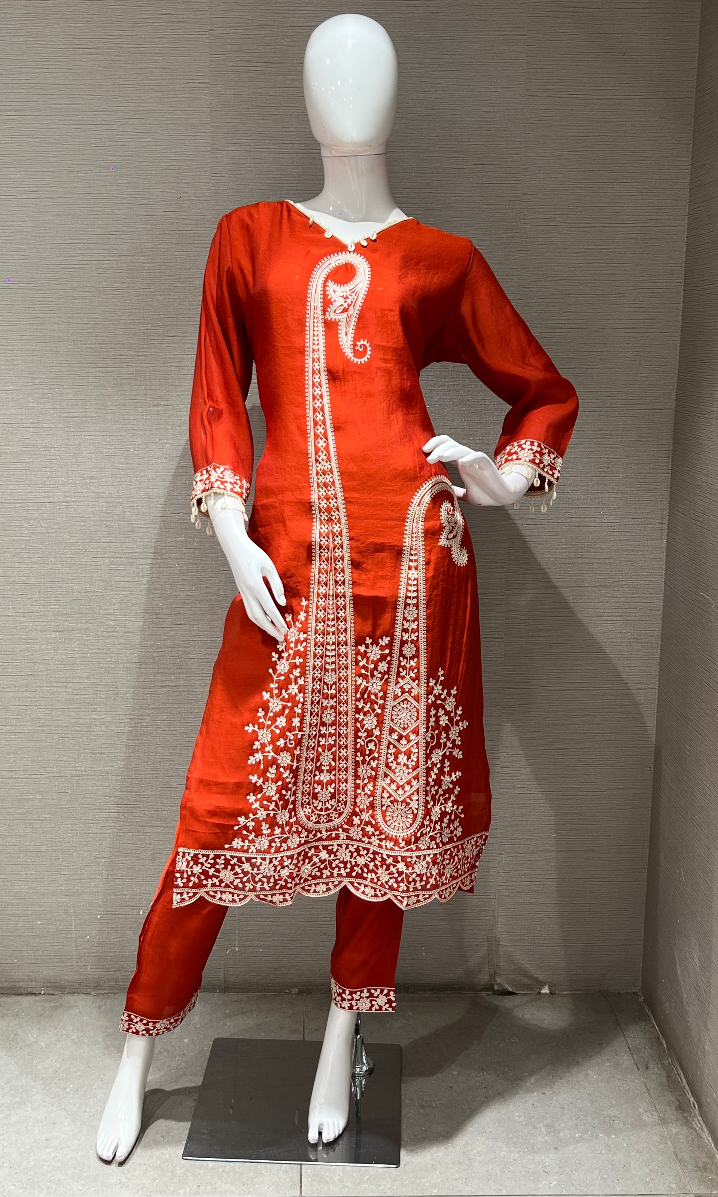 Rust orange Thread Embroidery Kurta Set