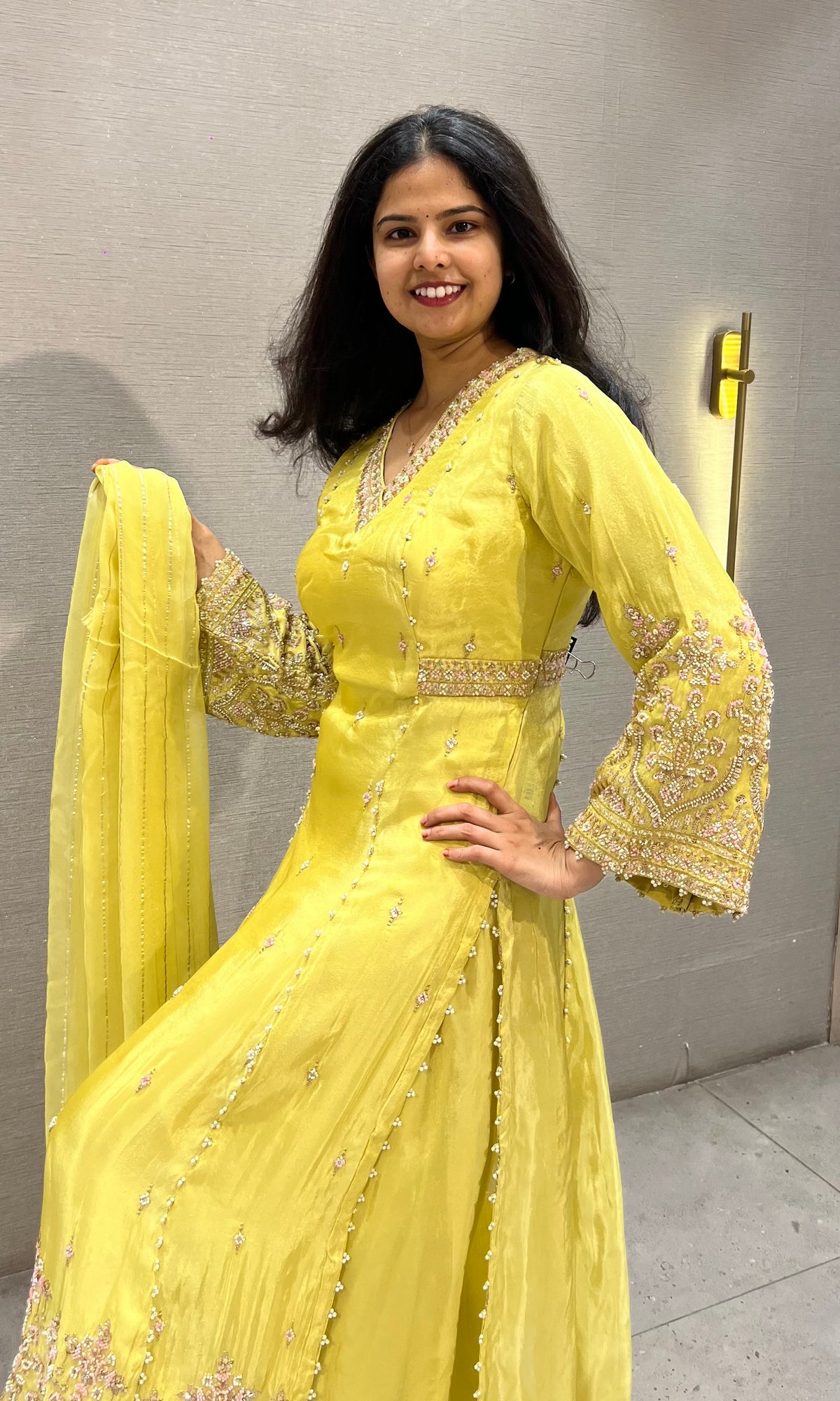 Yellow Shimmer silk Golden Zari Ethnic Naira cut palazzo set