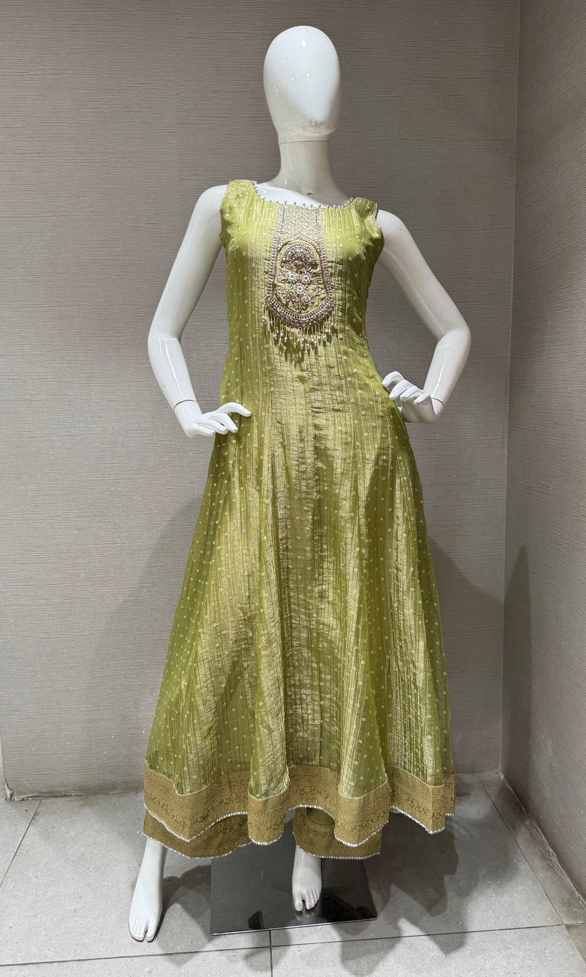green tissue silk embroidered anarkali set with dupatta