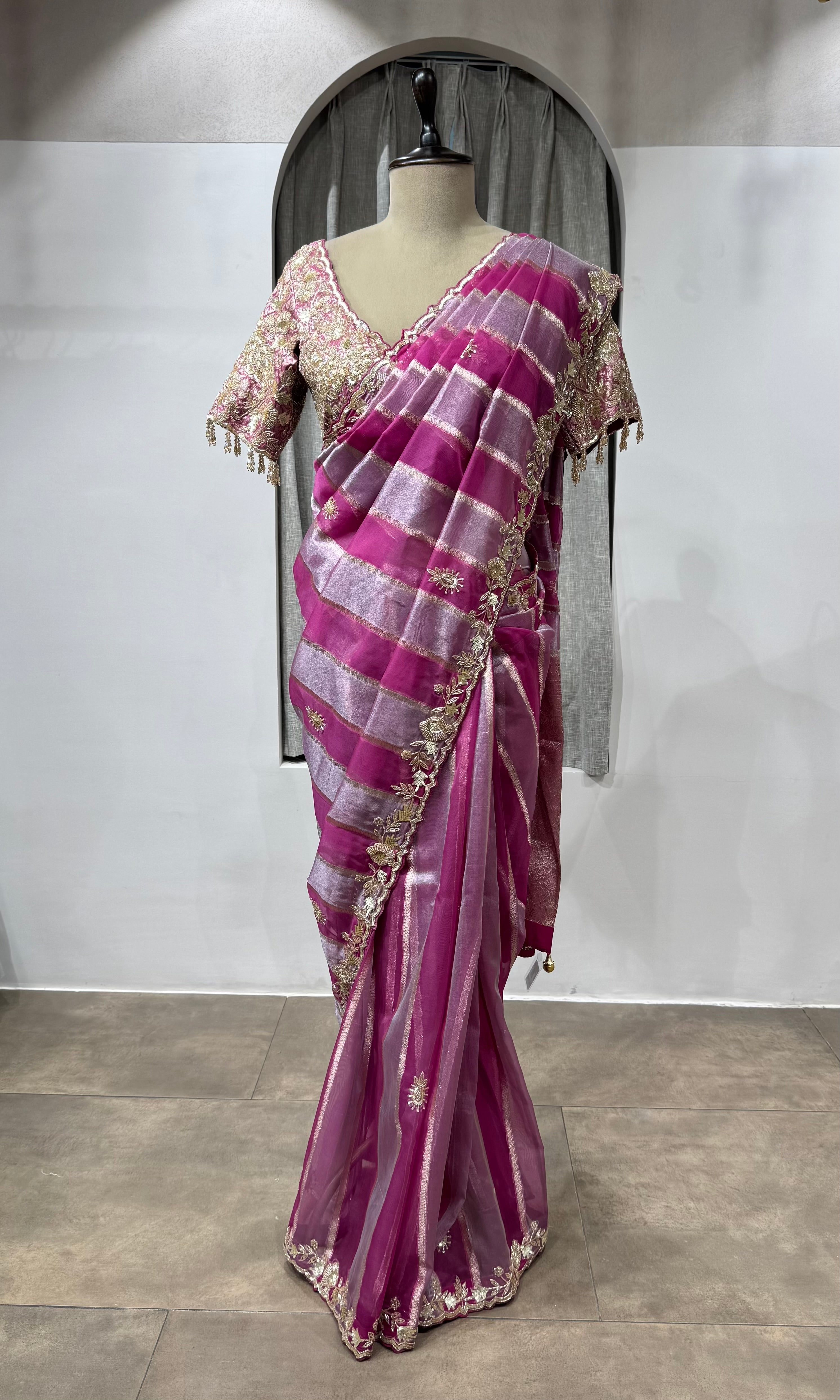 WINE Embellished Tussar Silk Leheriya Saree