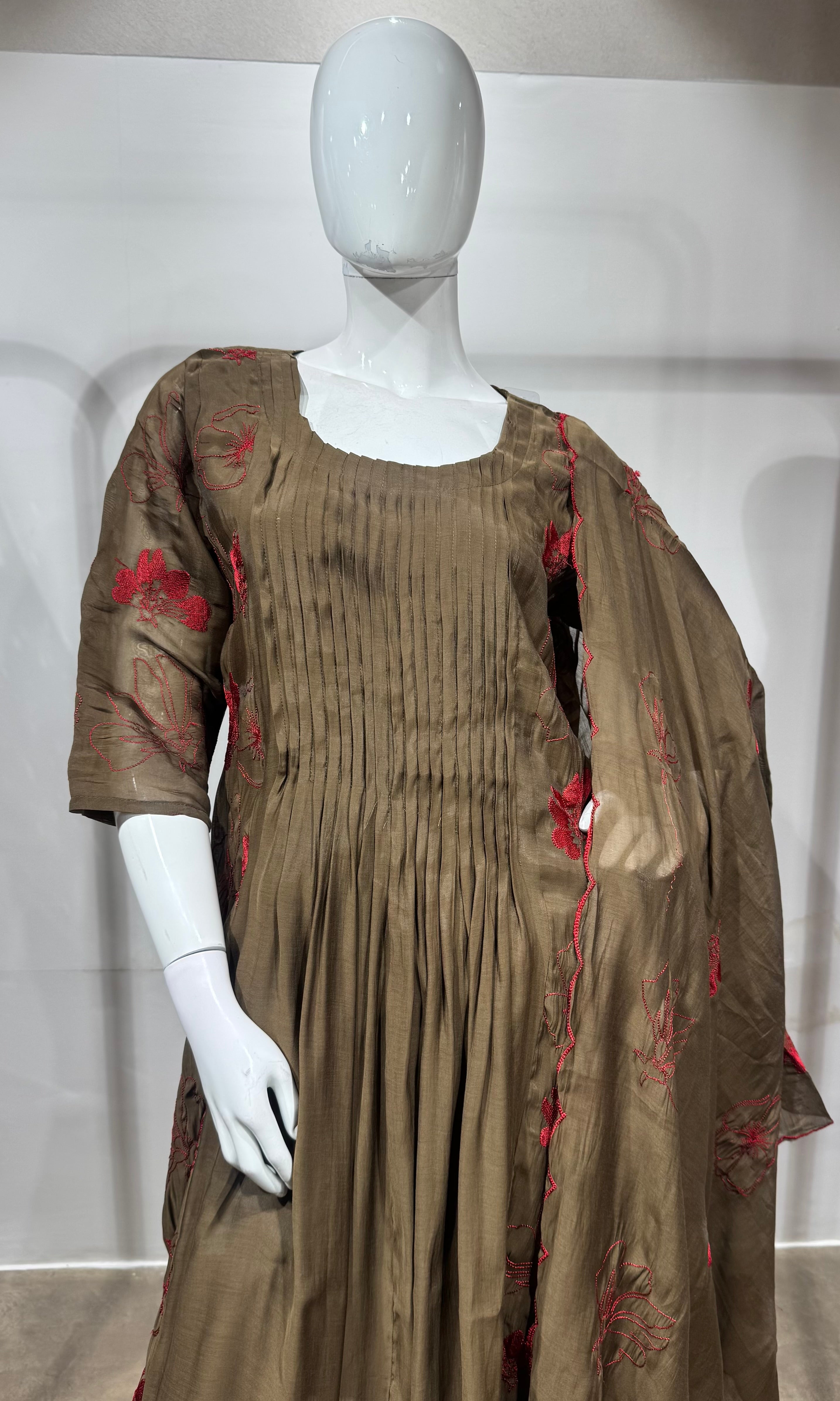 Brown Embroidered Mul Cotton Kurta Set