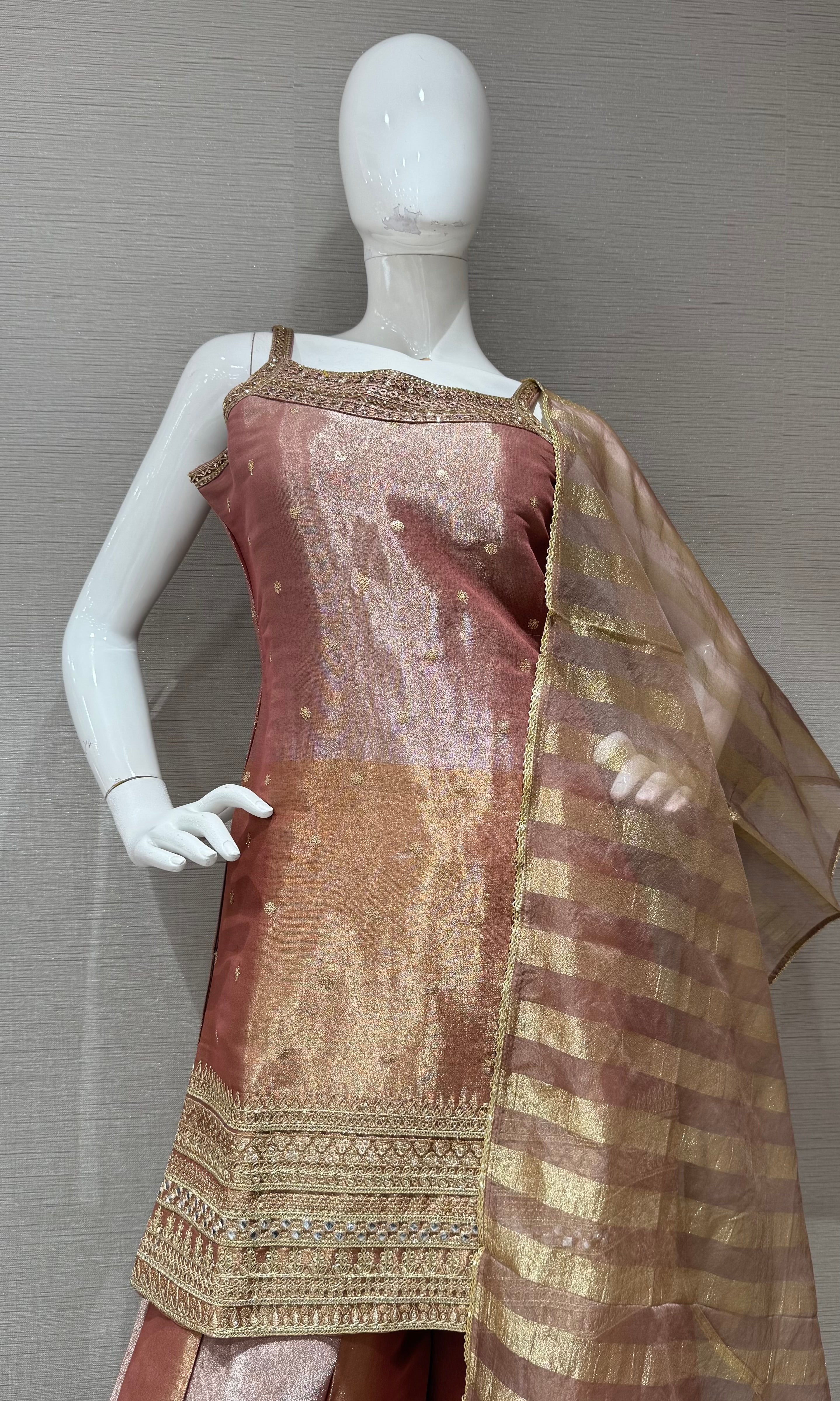 Onion Pink and Gold Zari Sharara set with Sheer Dupatta