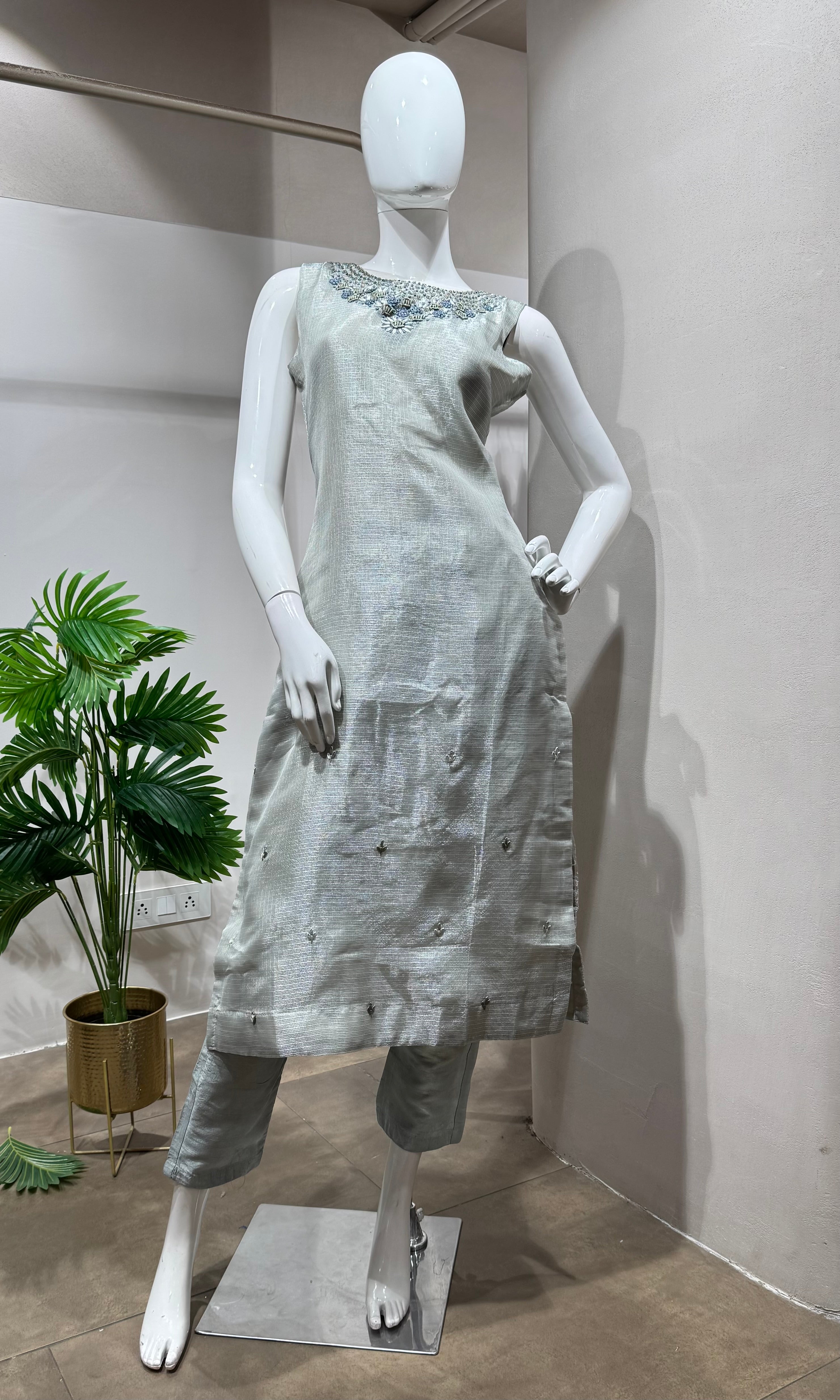 Grey Embroidered Chanderi Salwar KURTA Set
