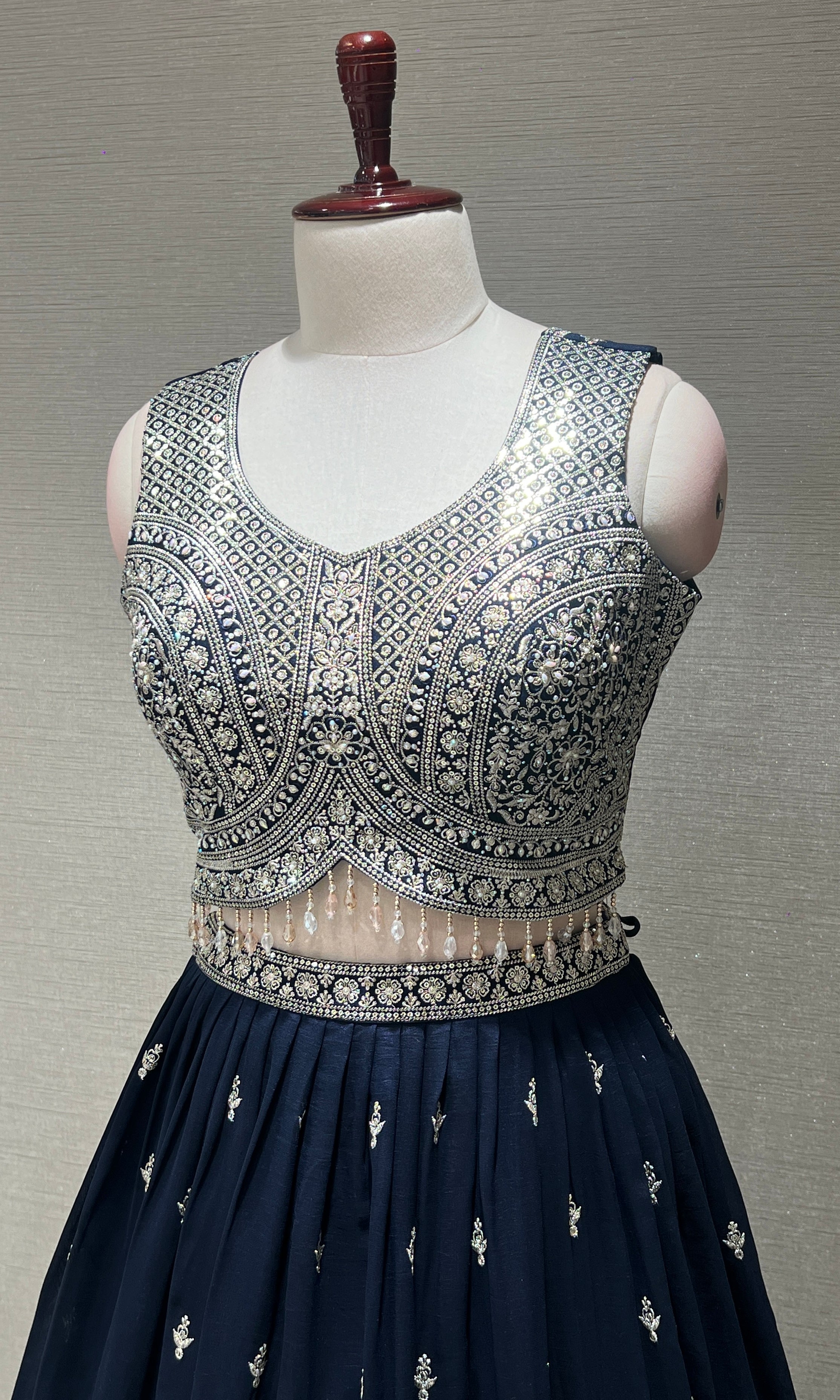Navy Blue Heavy Mirror Embroidered Lehenga
