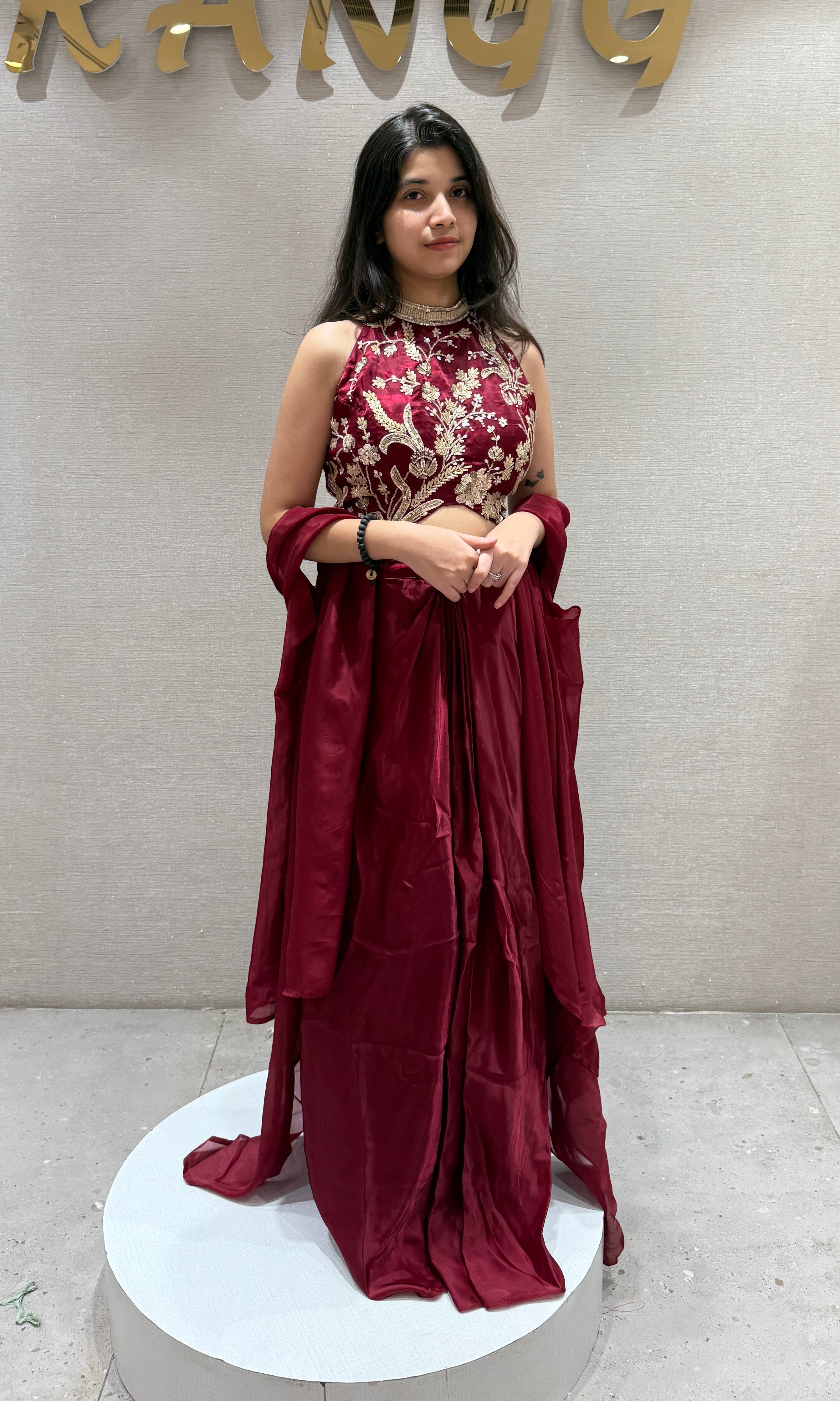 Maroon Embellished drape skirt with cape