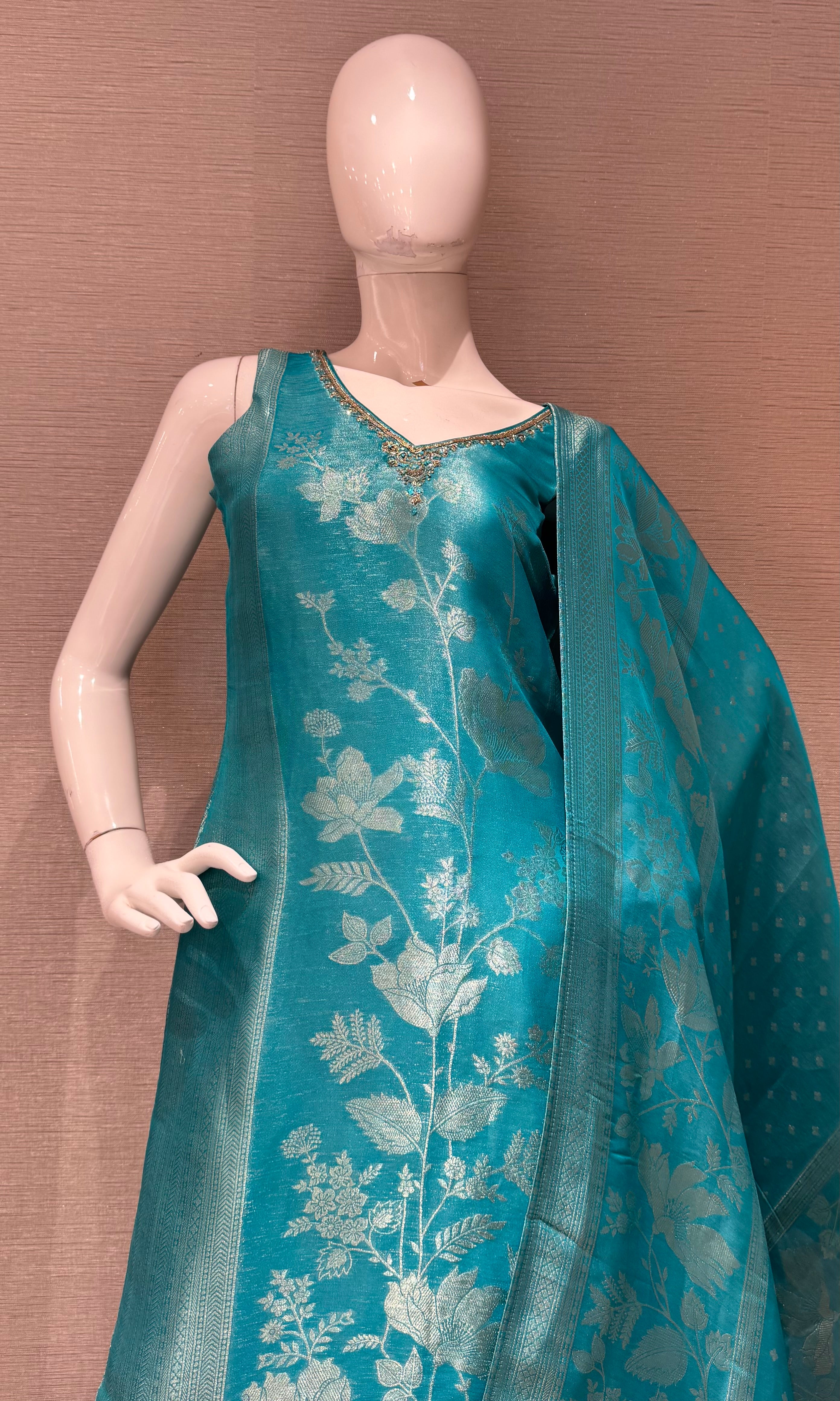 Rama Blue Banarasi Kurta set with Matching Dupatta