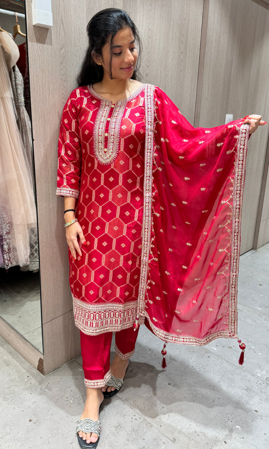 Red (pink) Zari weaving kurta set