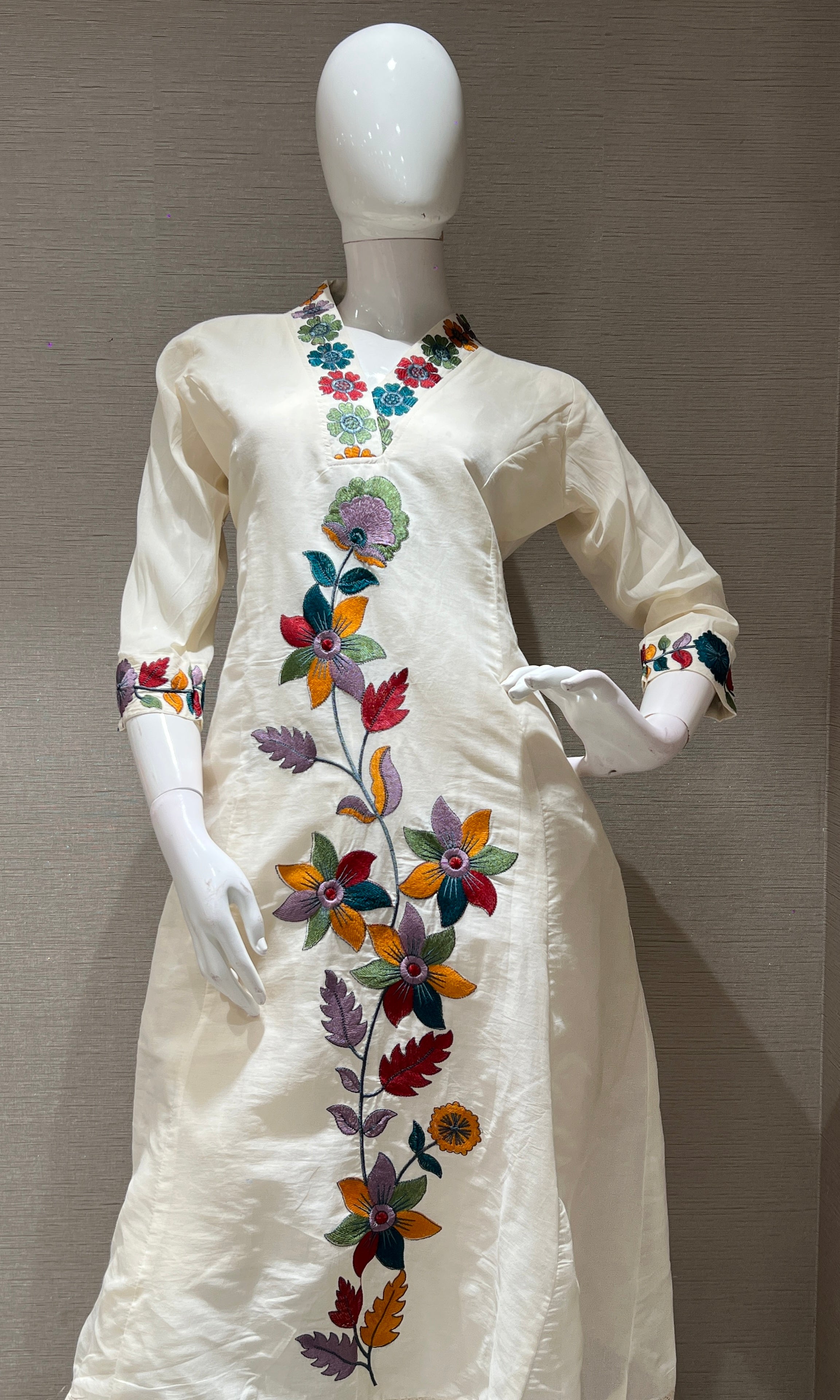 Cream floral patch work kurta set