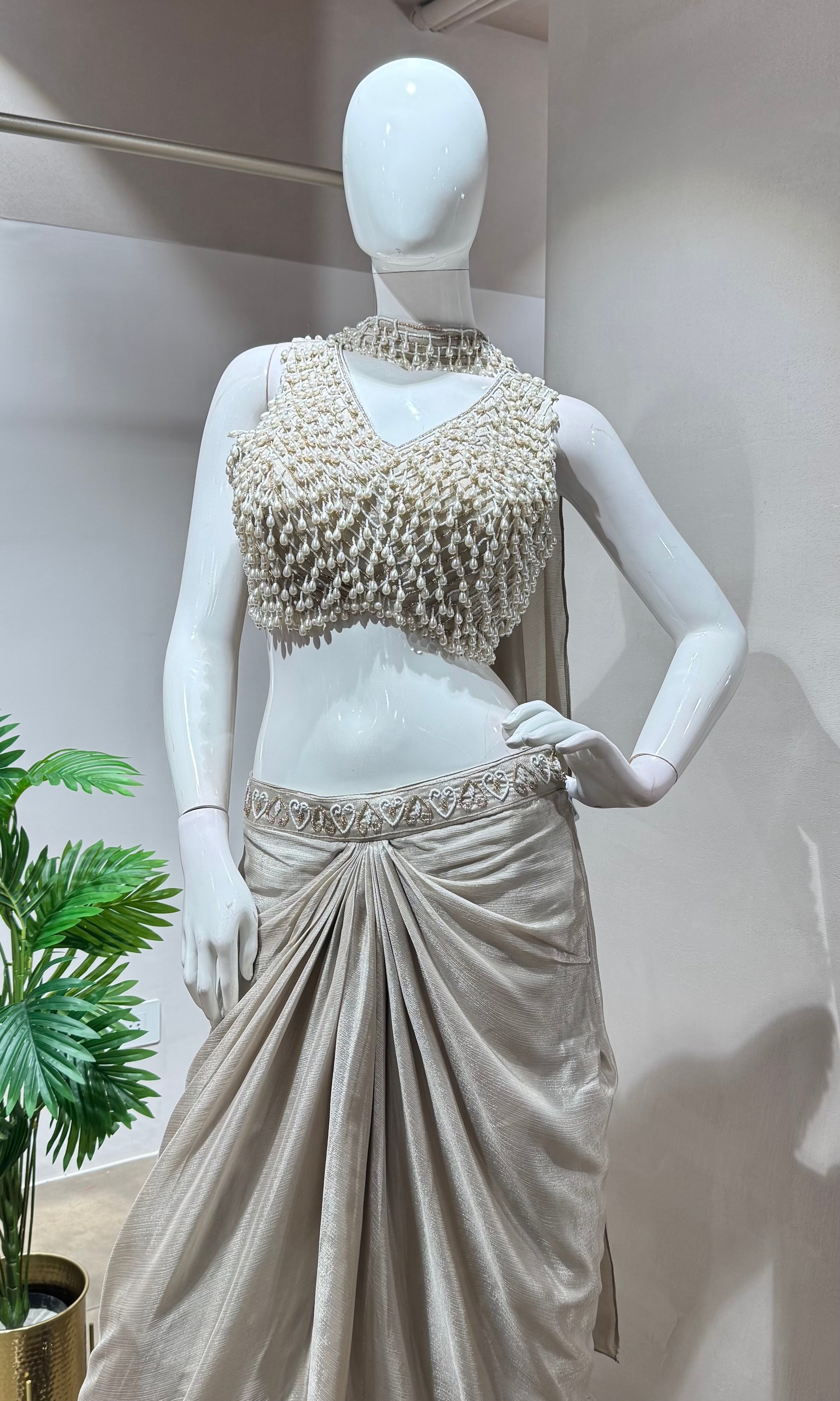 Grey designer pearl blouse with drape skirt
