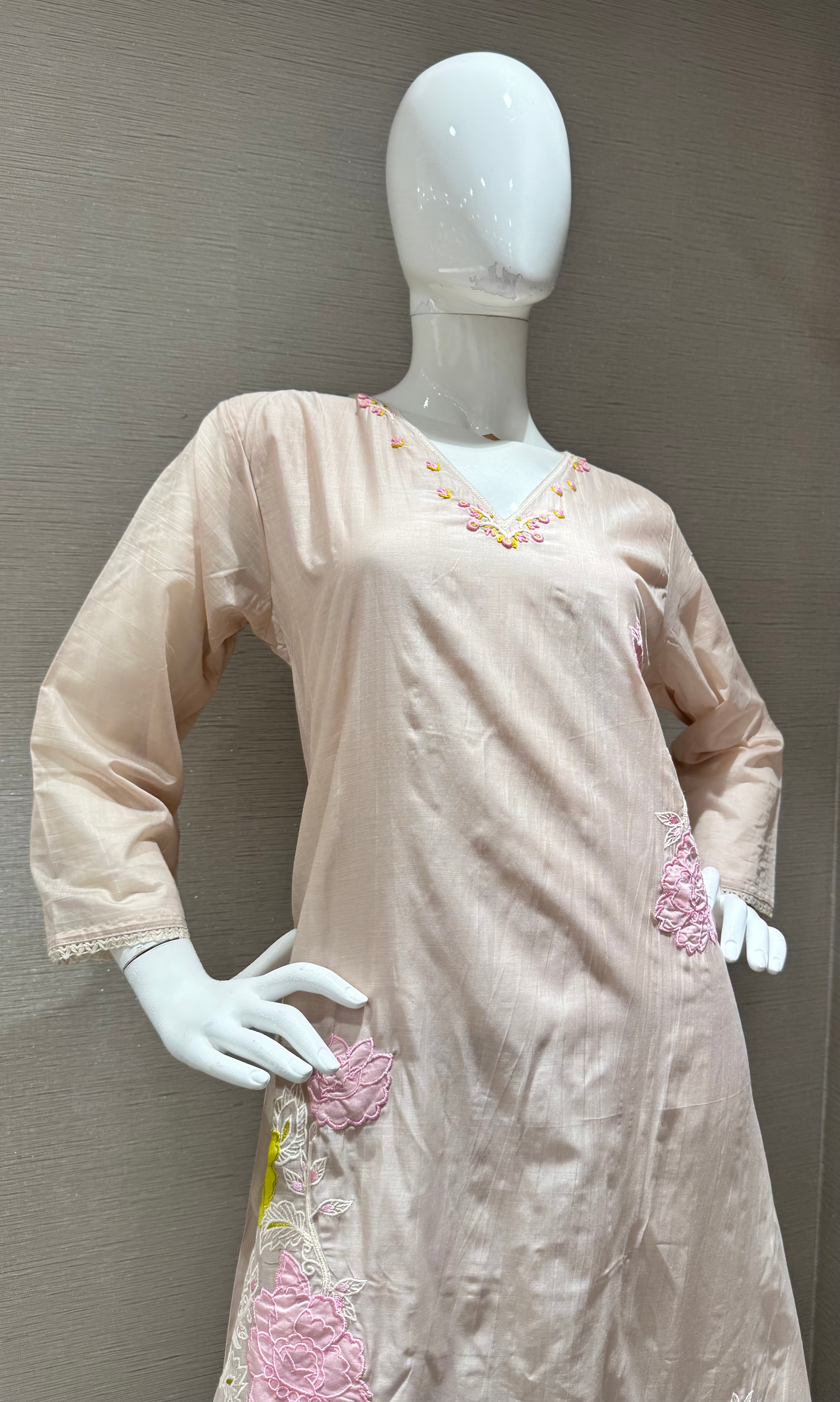 light beige kurta set with pink & yellow floral embroidery