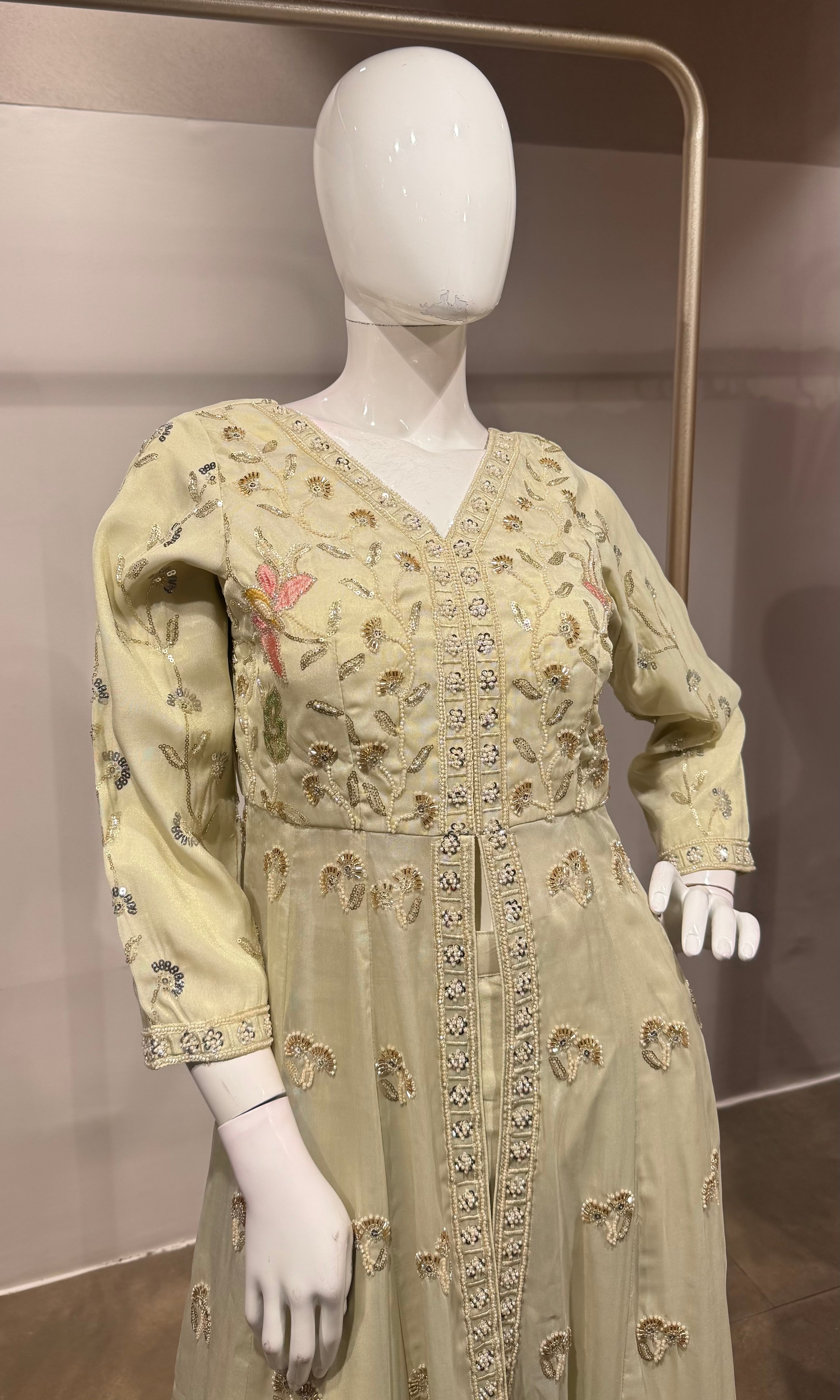 cream embroidered front-slit anarkali set