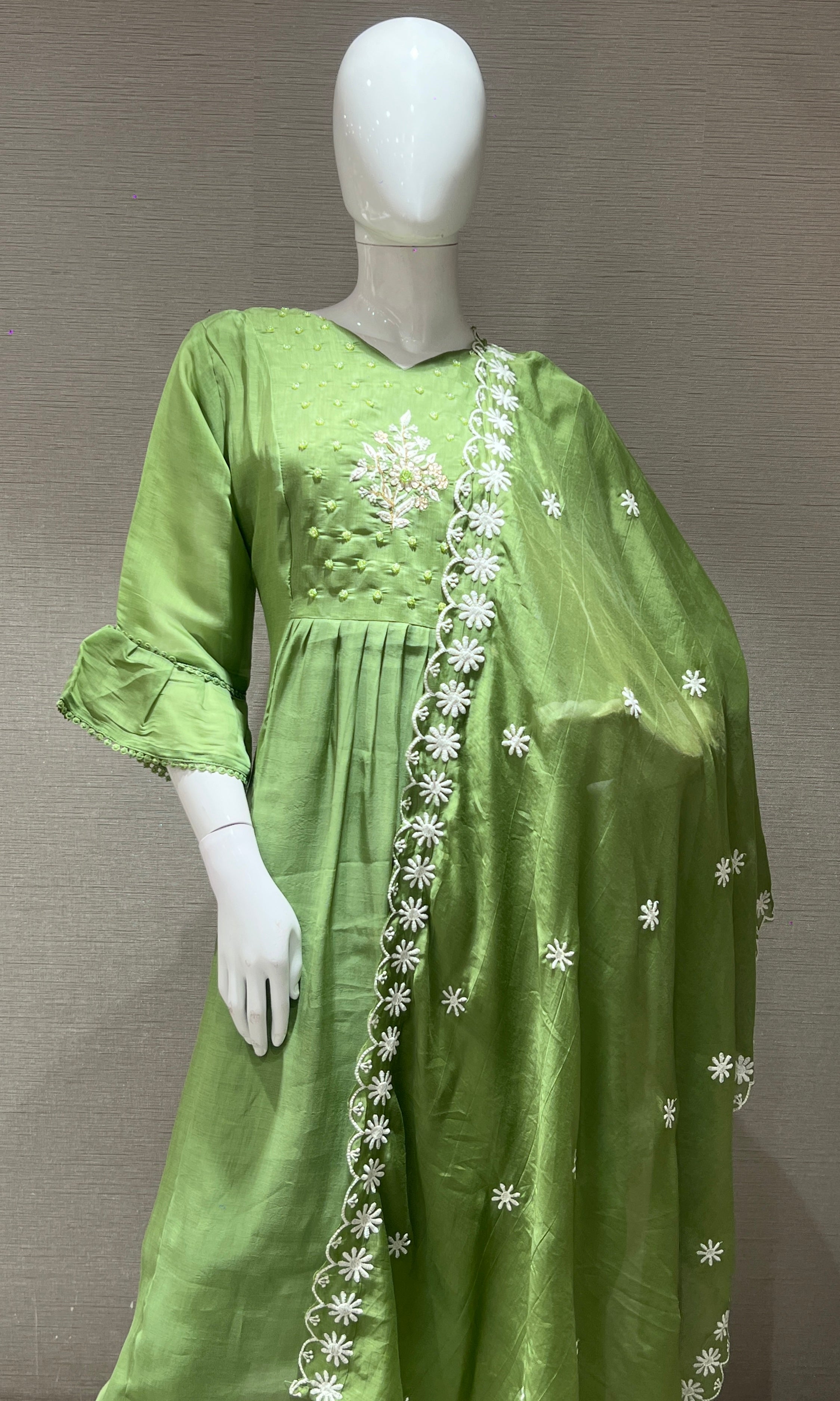 Pista green floral embroidered kurta set