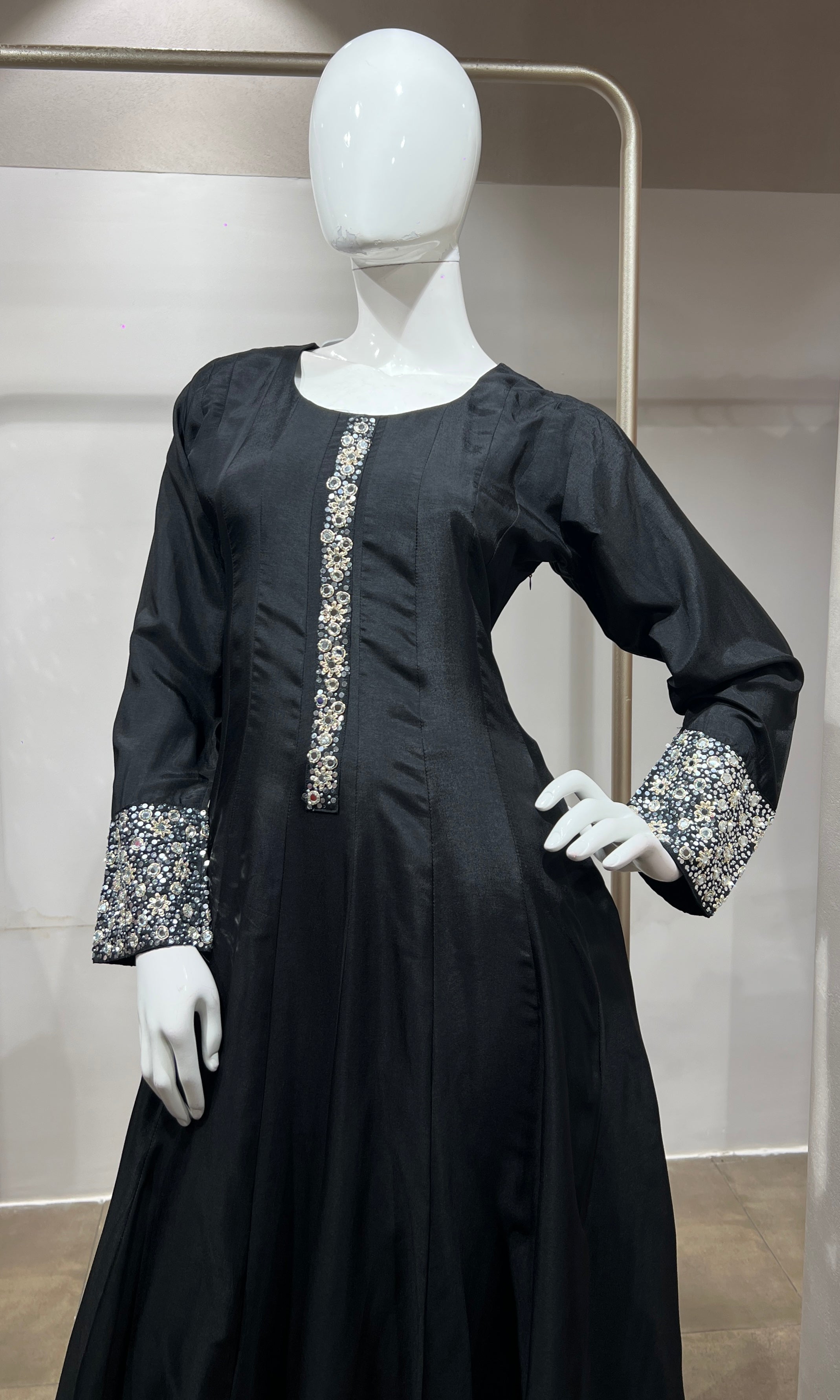 black Straight Kurta Set with Mirror Embroidery