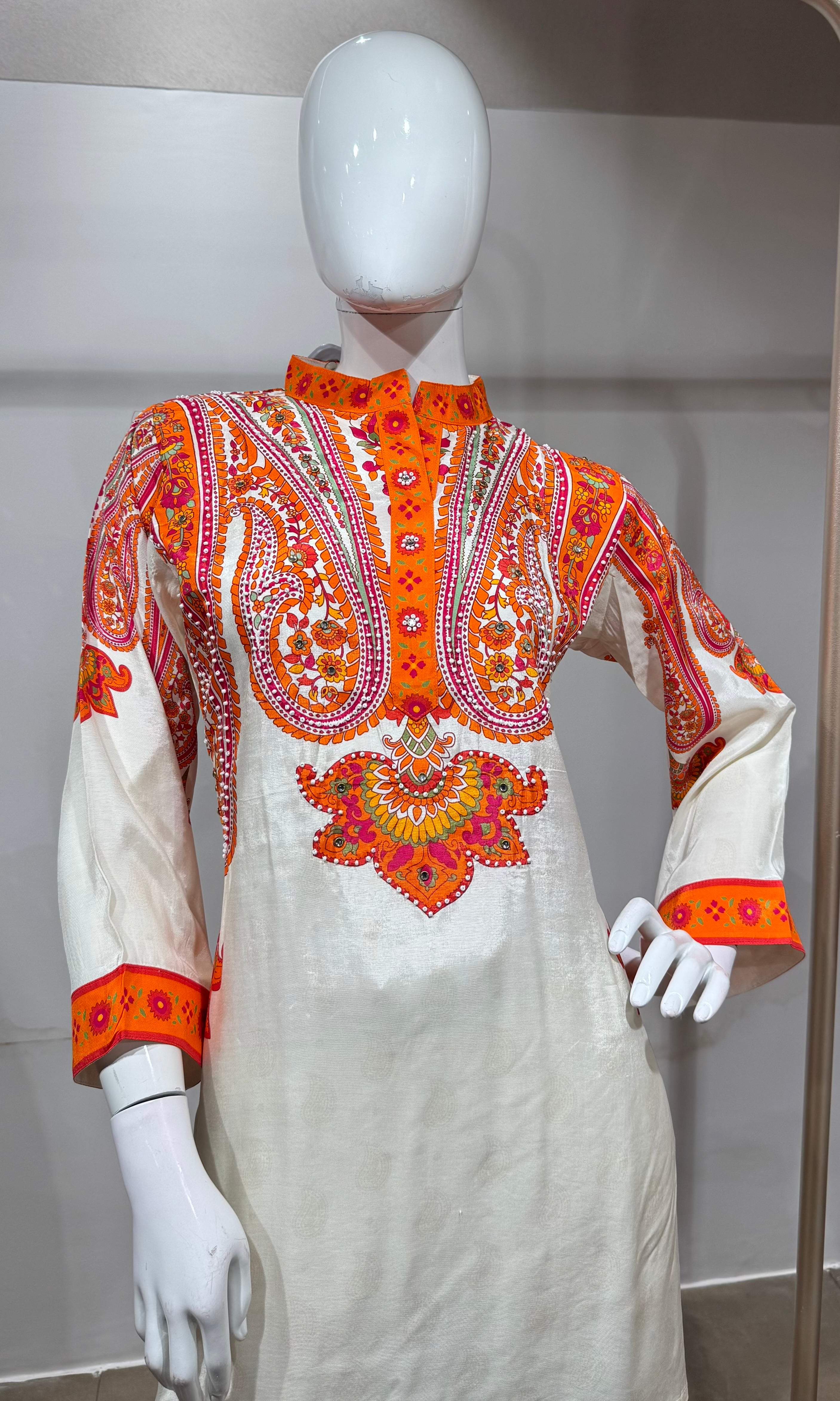 Classic White Orange Ethnic Printed Cord set