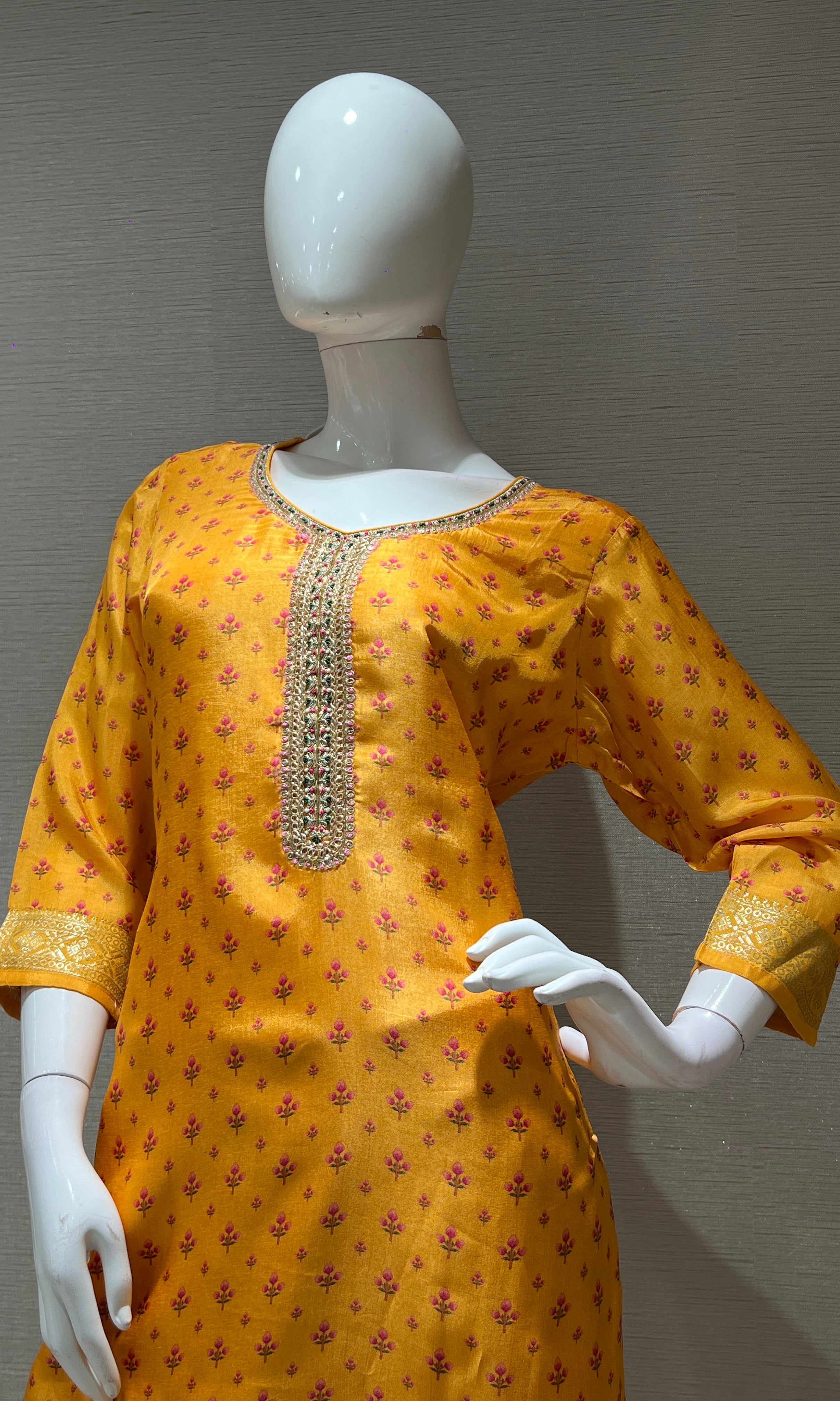 yellow embroidered printed kurta set