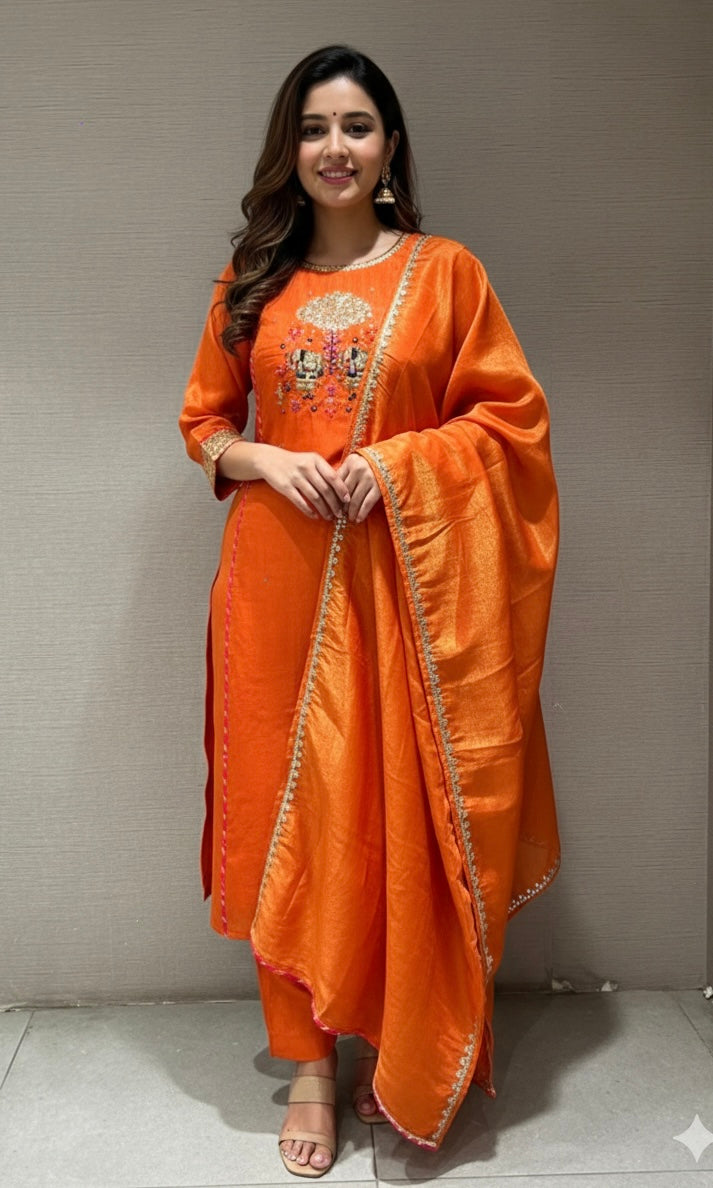 ORANGE EMBROIDERED kurta set with dupatta
