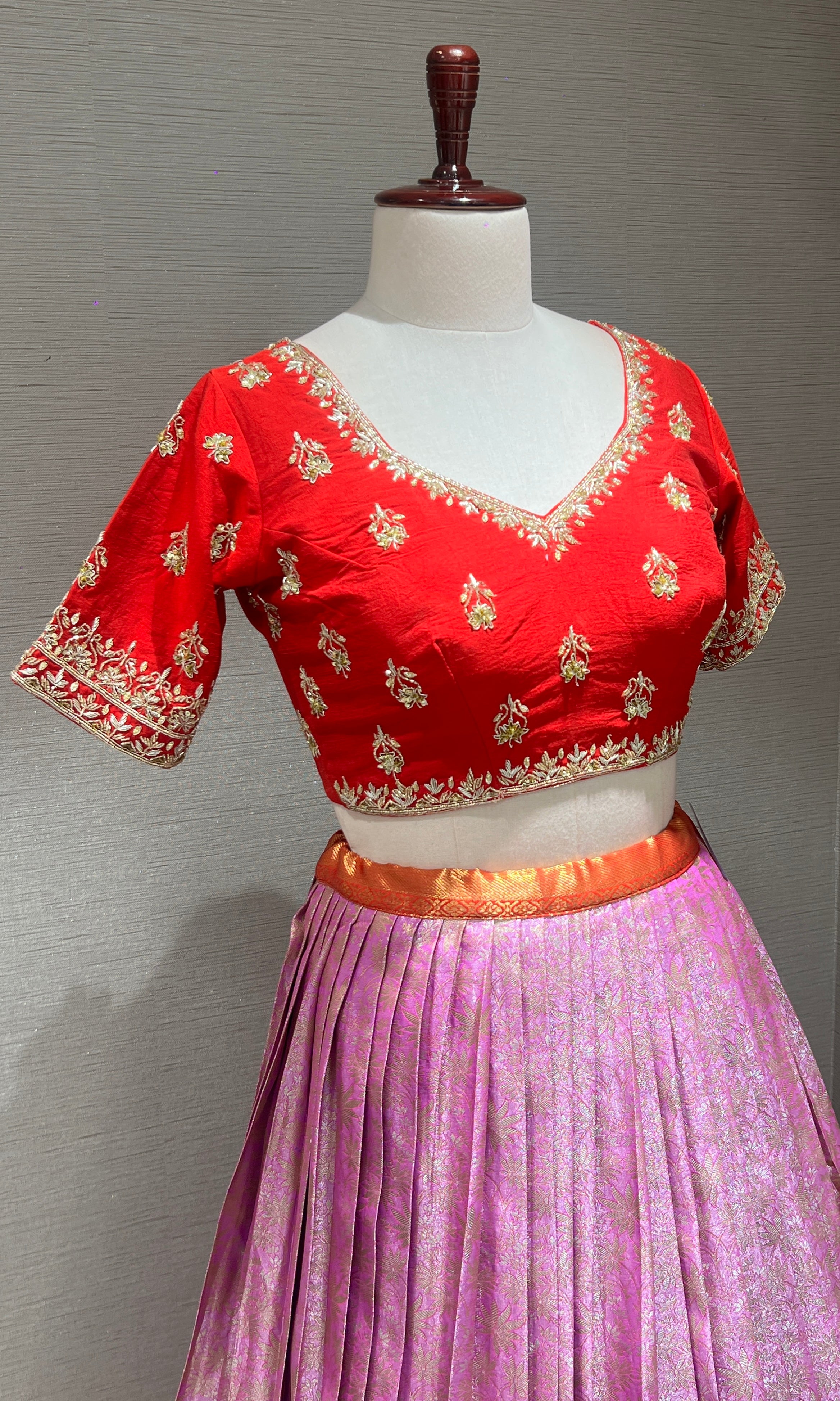 Lavender & Red LEHENGA WITH RAW SILK DUPATTA