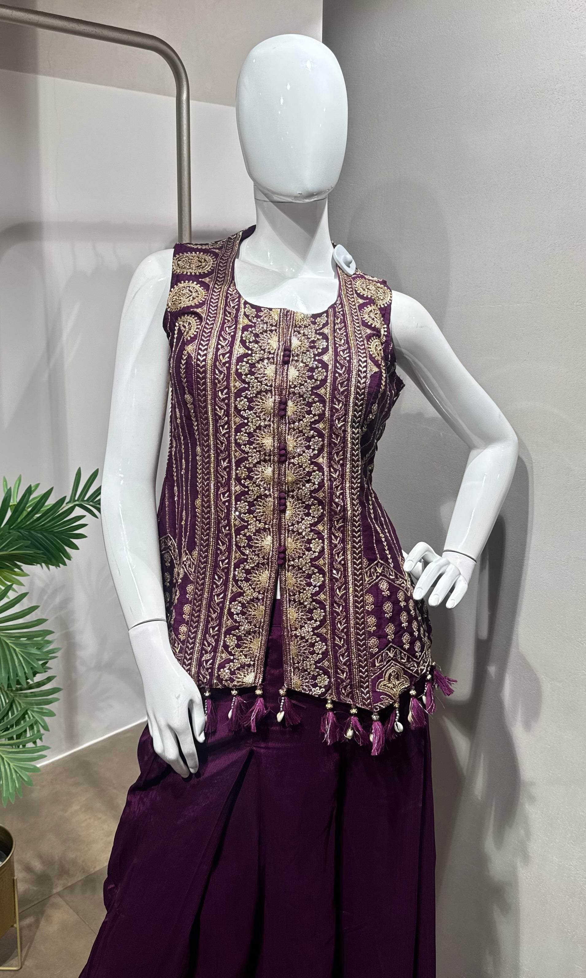 Wine Embroidered Indo-Western Palazzo set
