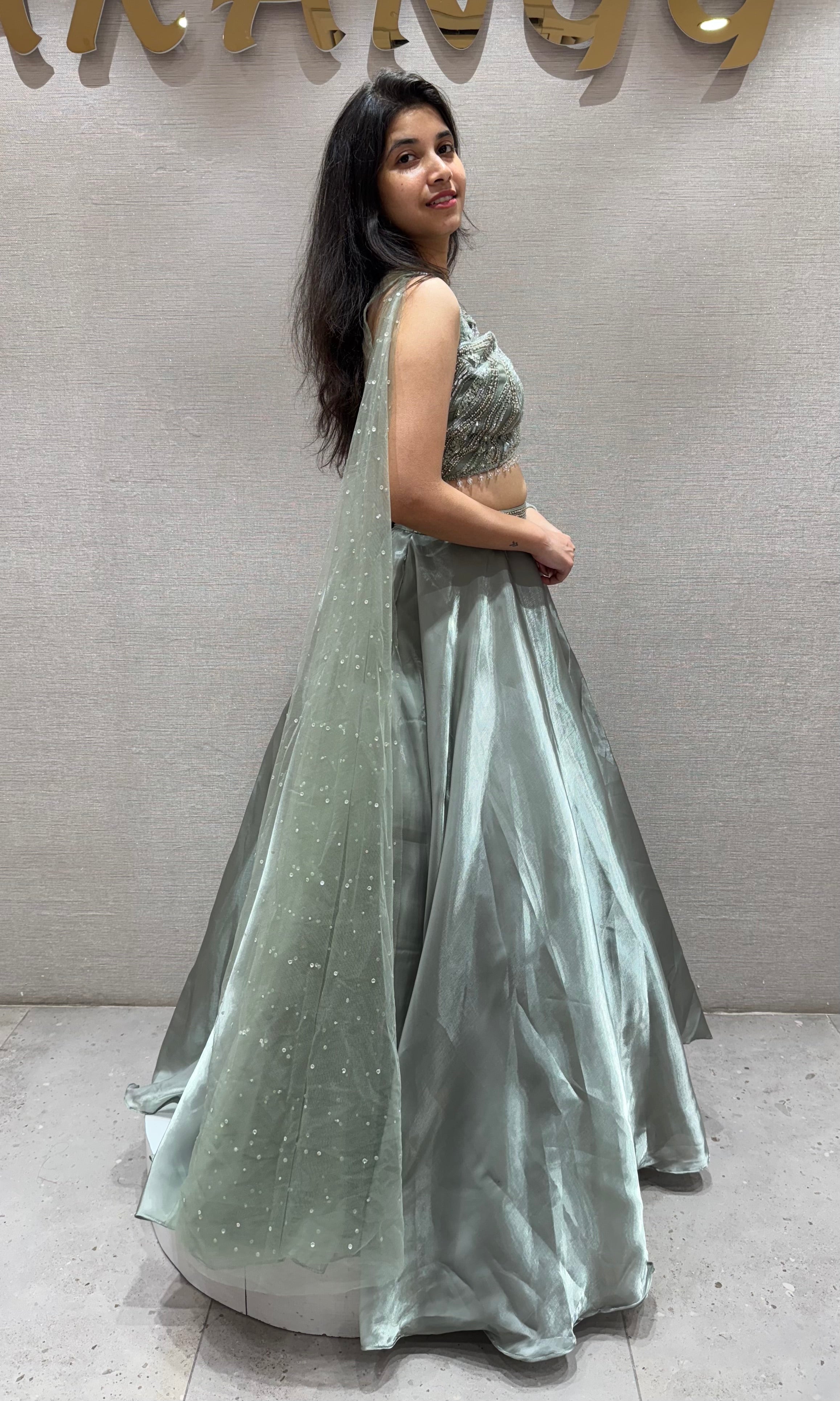 Pista green Organza Embroidered Lehenga Set