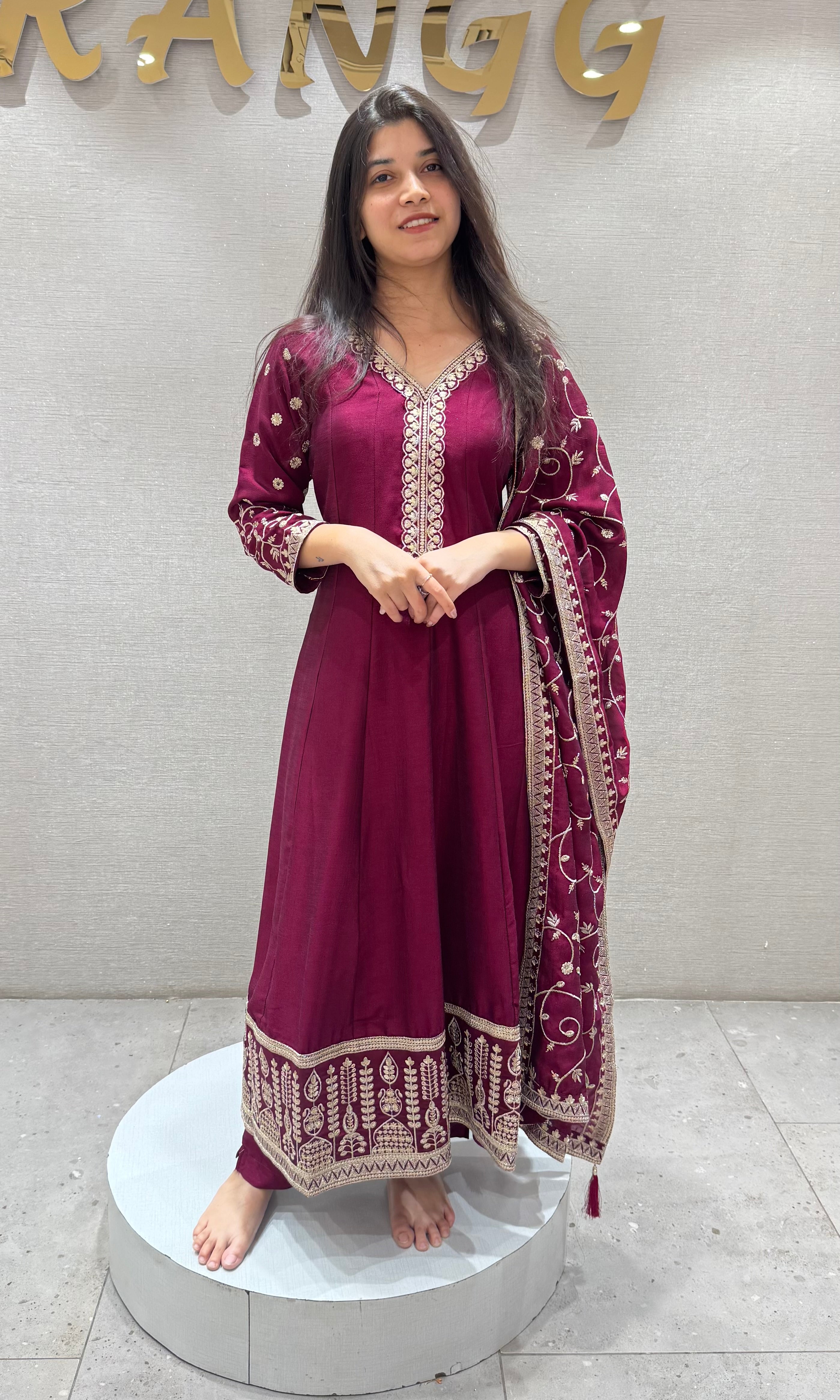 Wine Silk Embroidered Anarkali Set