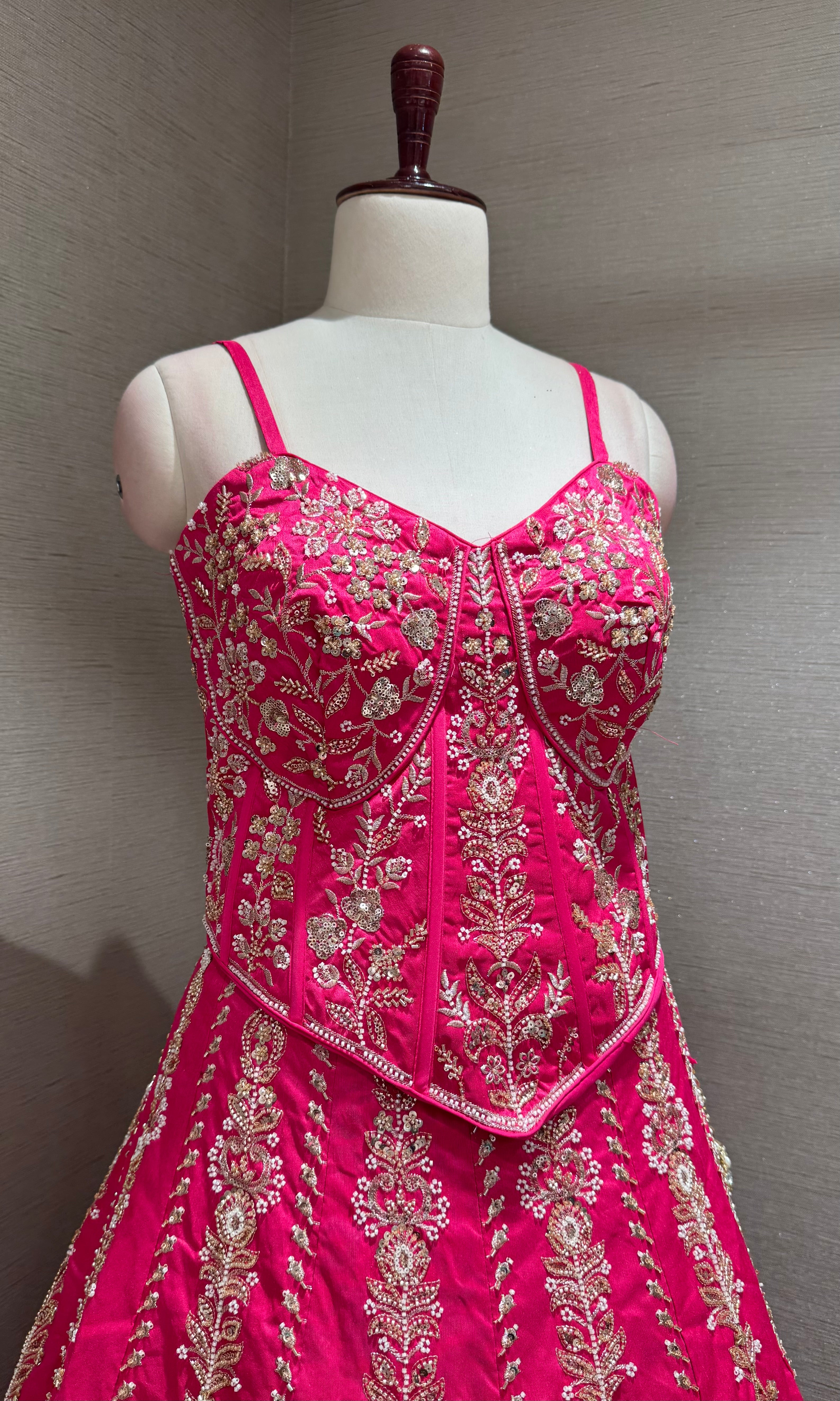 PINK EMBROIDERED PEPLUM CROP TOP LEHENGA SET