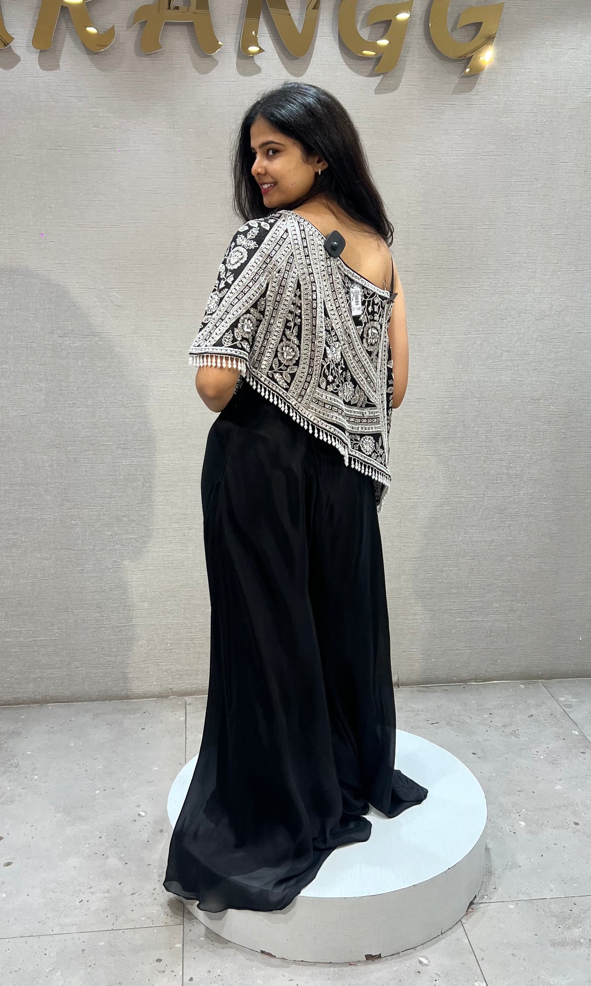 Black georgette One Shoulder Cape Top with Palazzo set