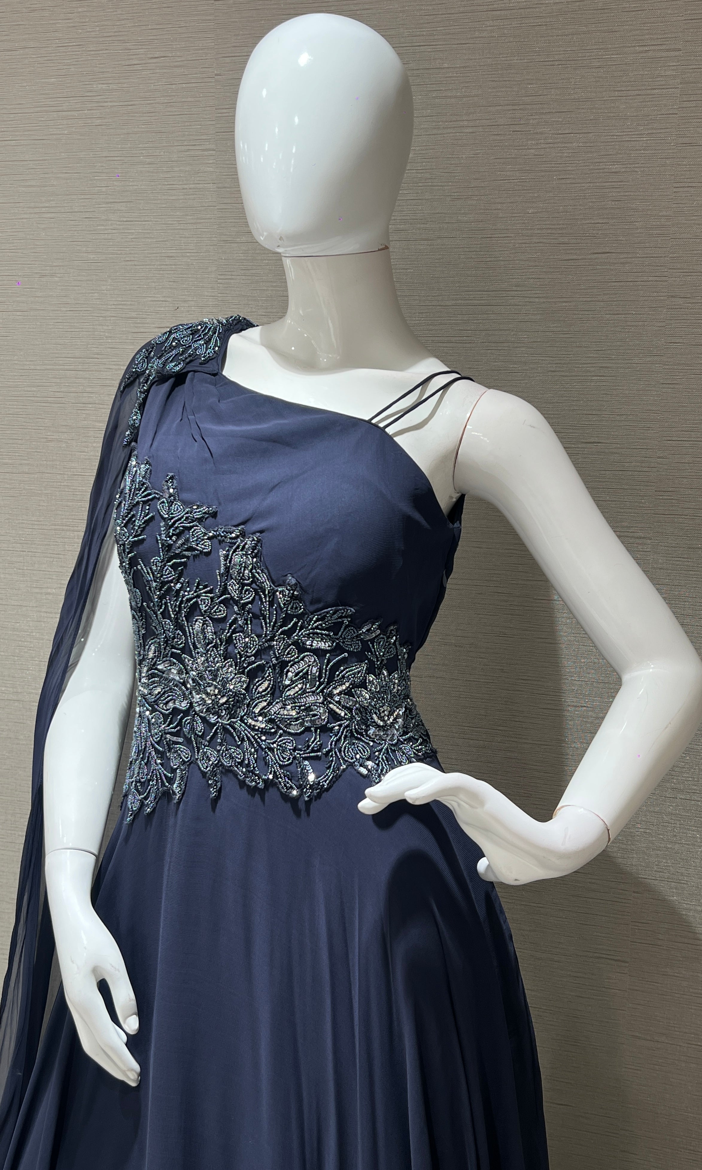 Navy blue long dress with butterfly one shoulder sleeve