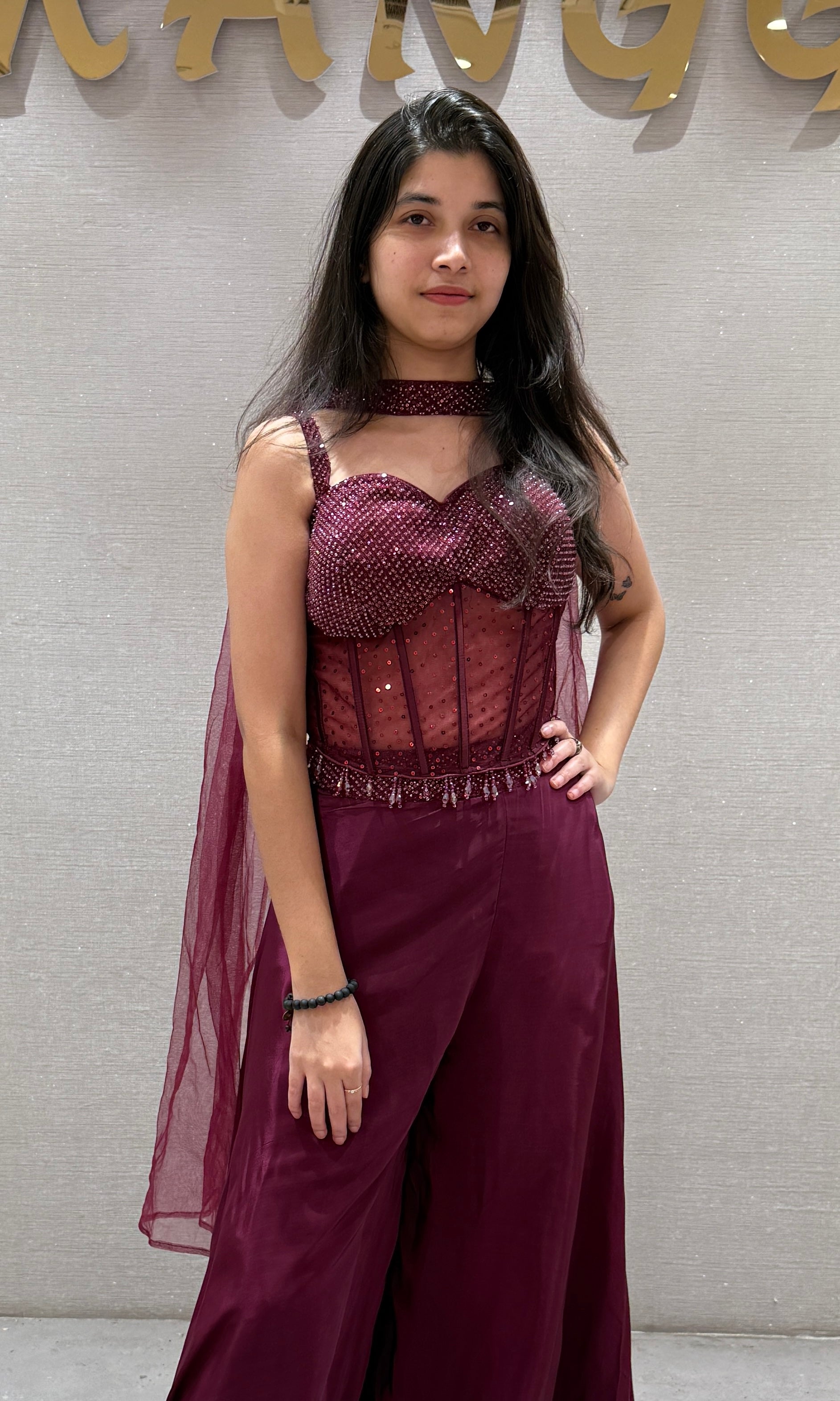 maroon palazzo set with corset blouse