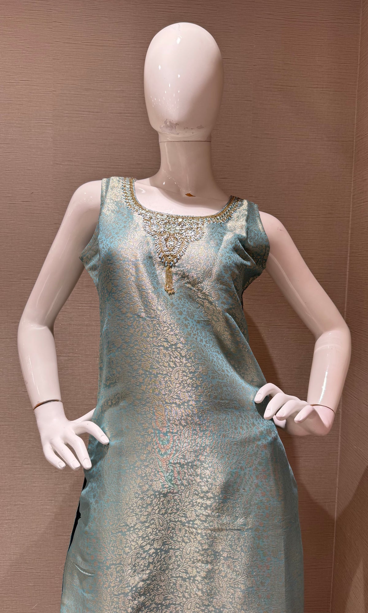 Light Blue Tissue silk Kurta Set with Striped Dupatta