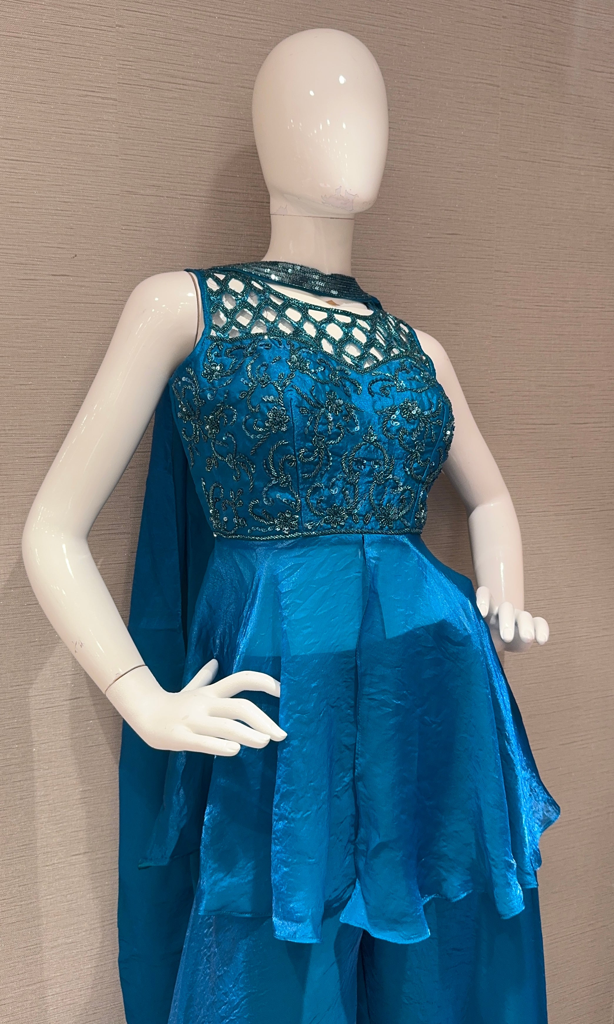 Rama Blue Lace Bodice Peplum Palazzo set