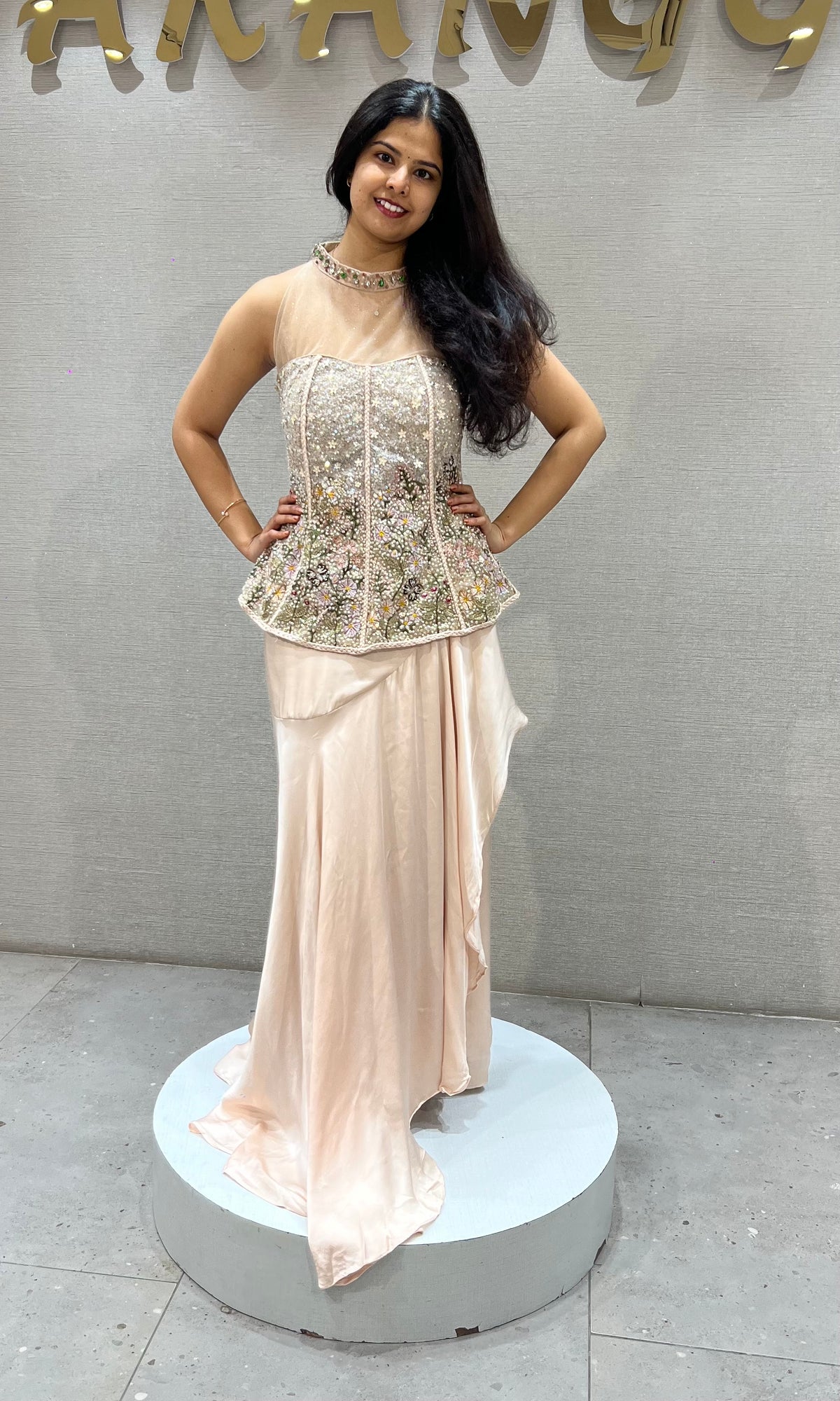 Fawn Embellished Halter Peplum Satin Drape skirt