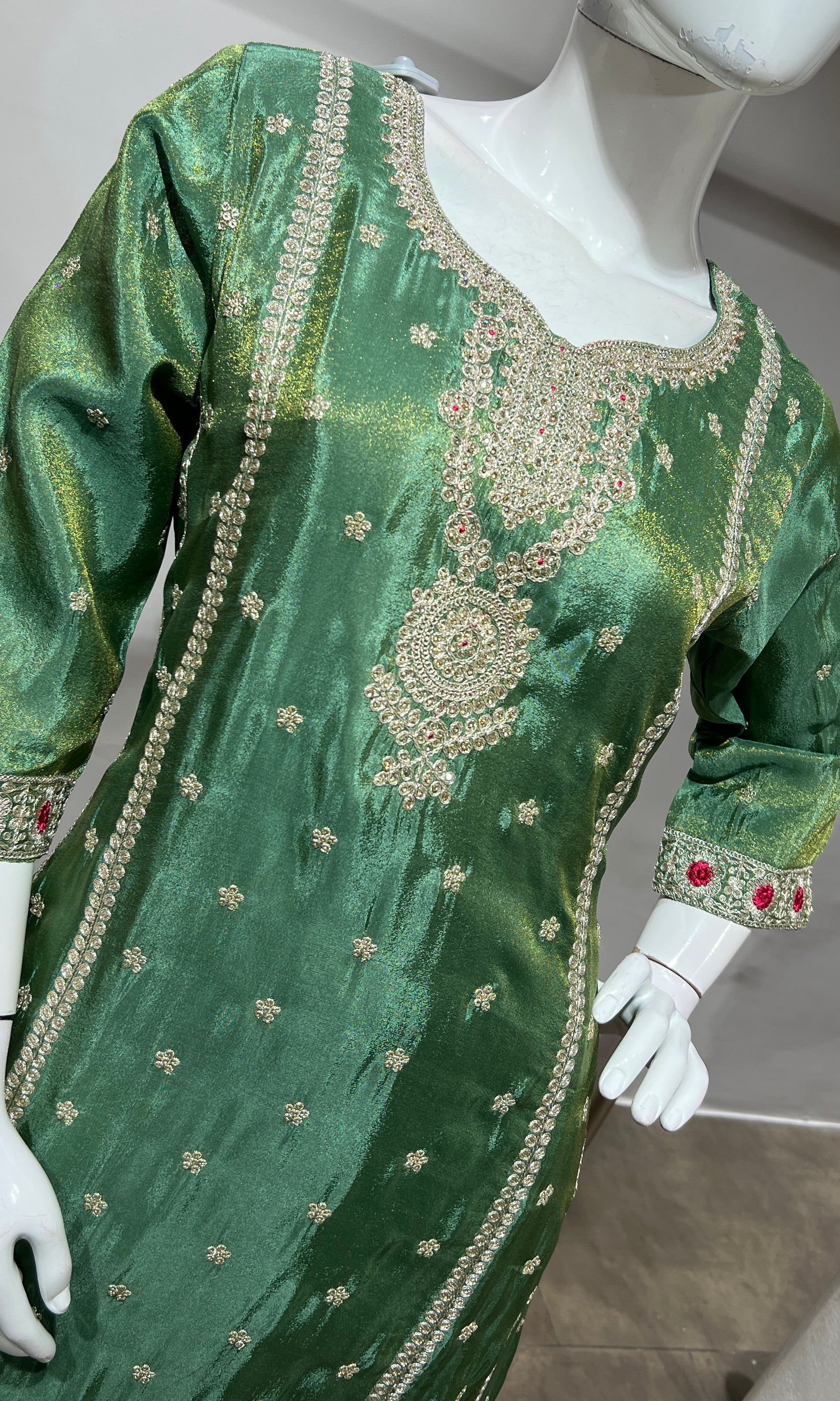 Green Silk Embroidered Kurta Suit with Dupatta