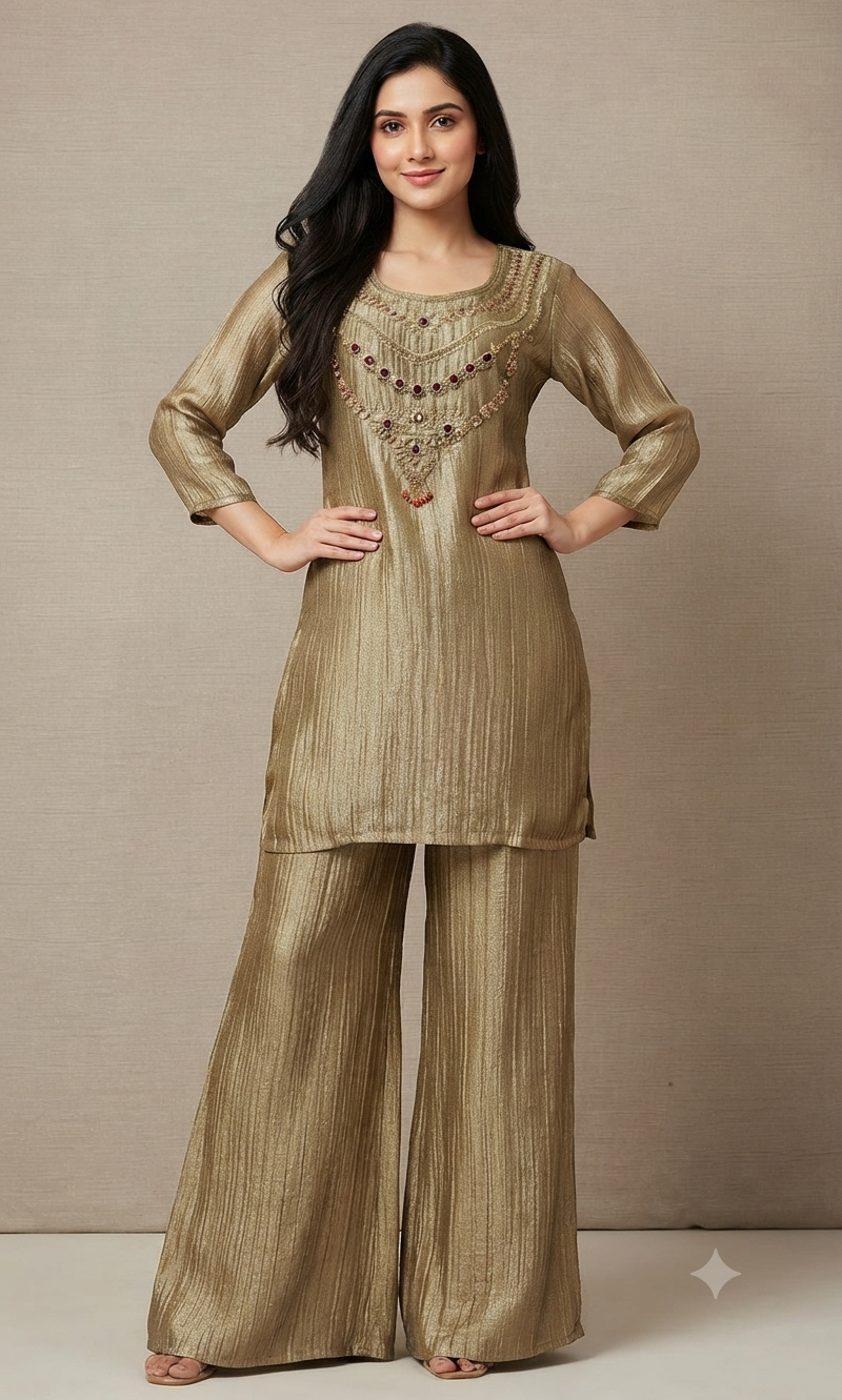 Olive green Shimmer Cord Palazzo Set