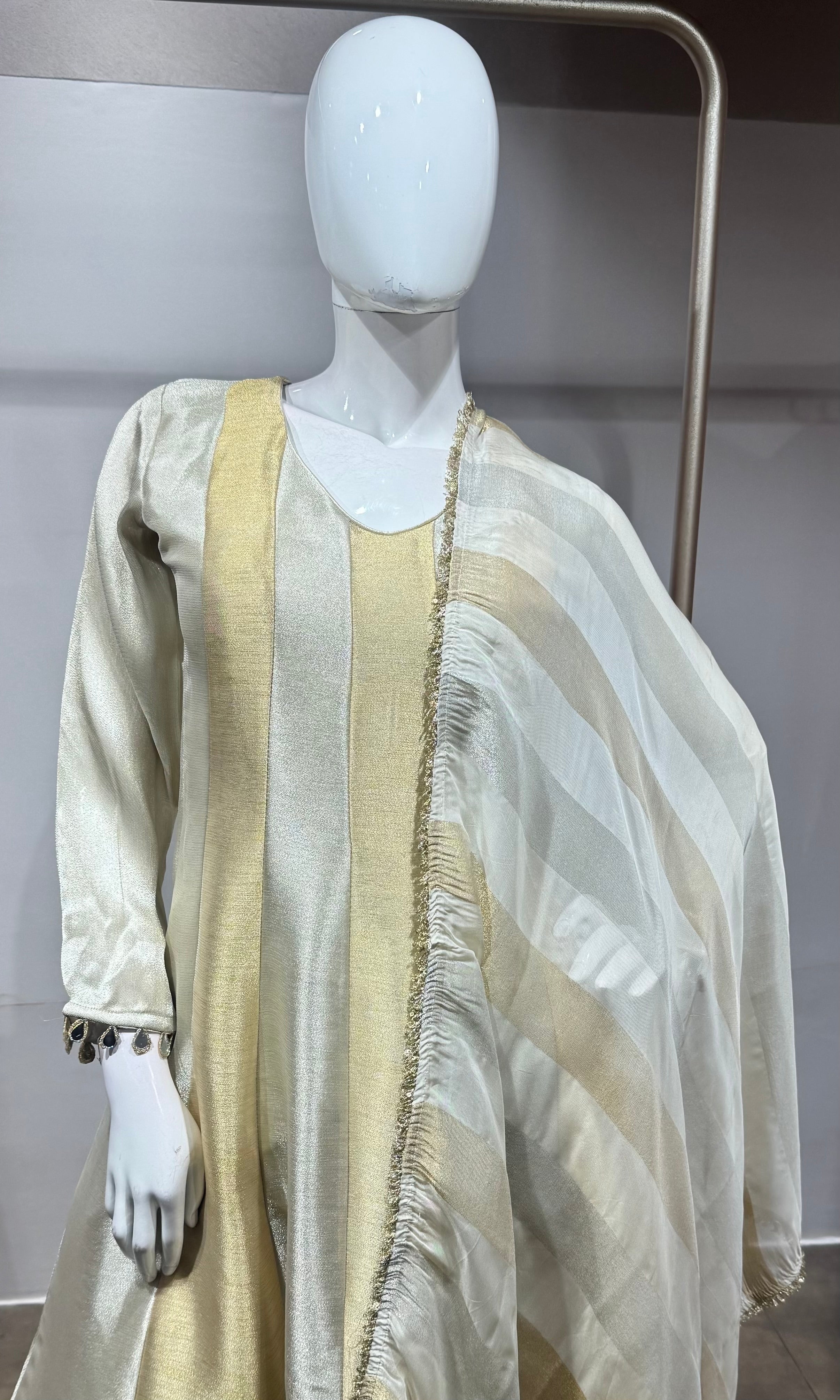 Cream golden tissue anarkali set