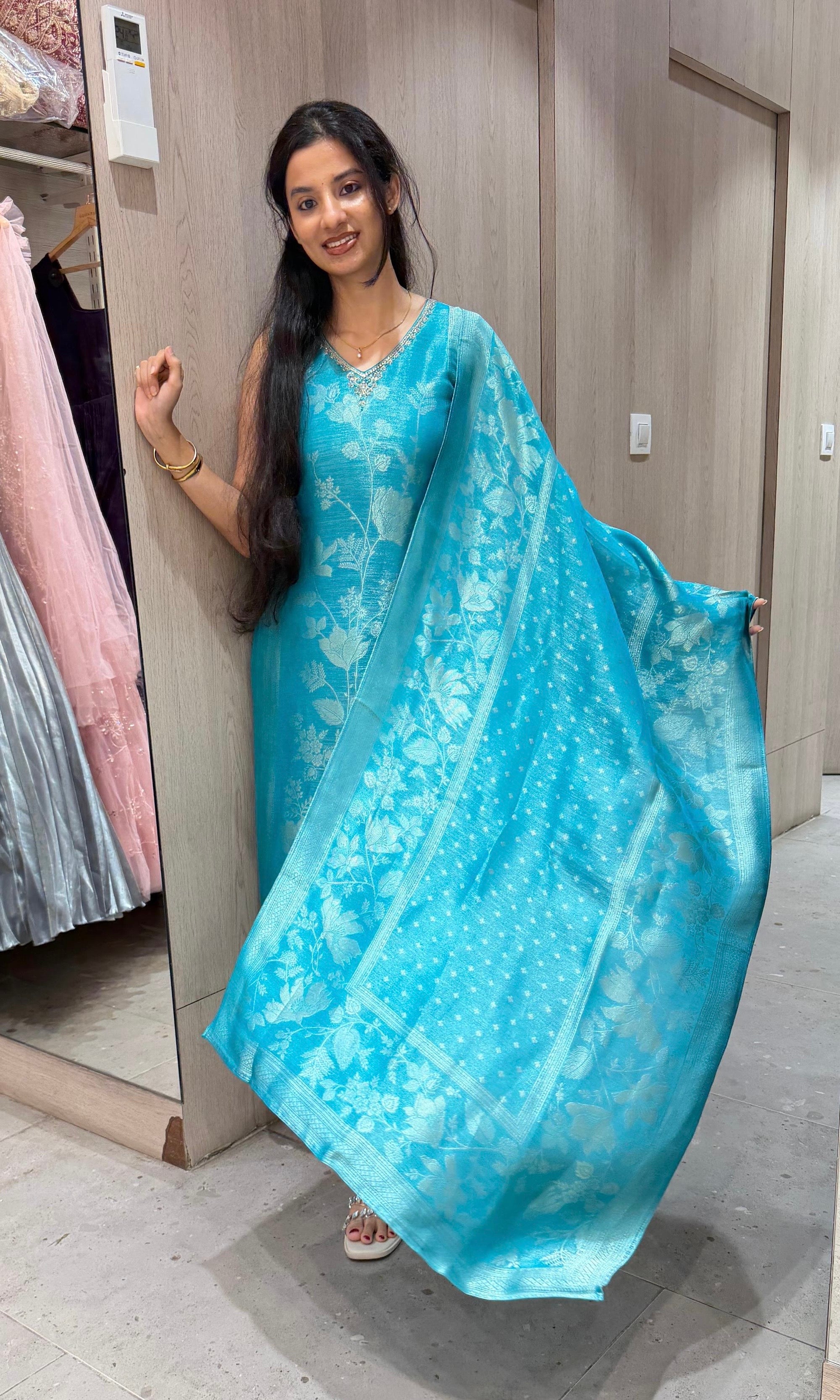 Rama blue banarasi kurta set with dupatta