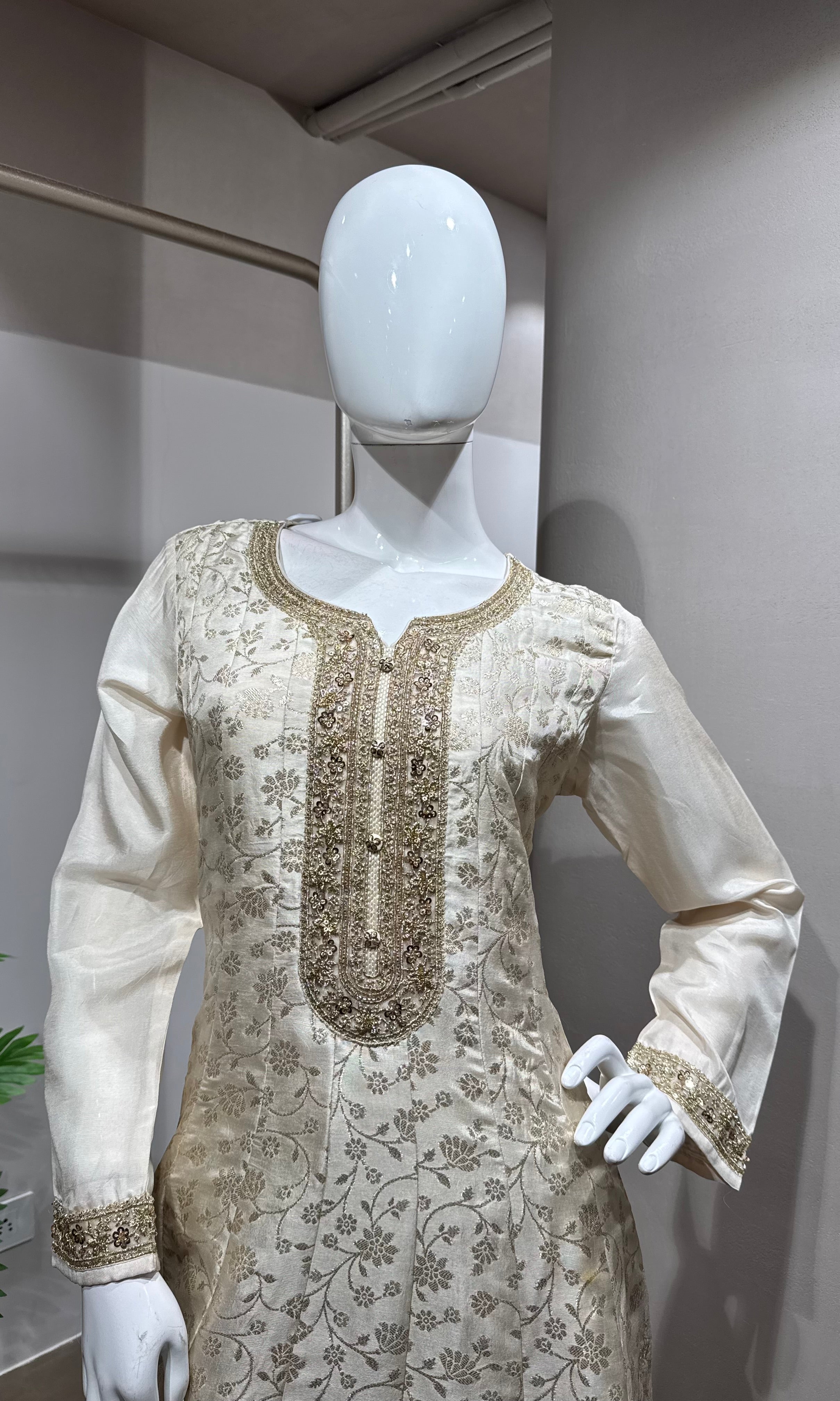 cream Banarasi silk anarkali set
