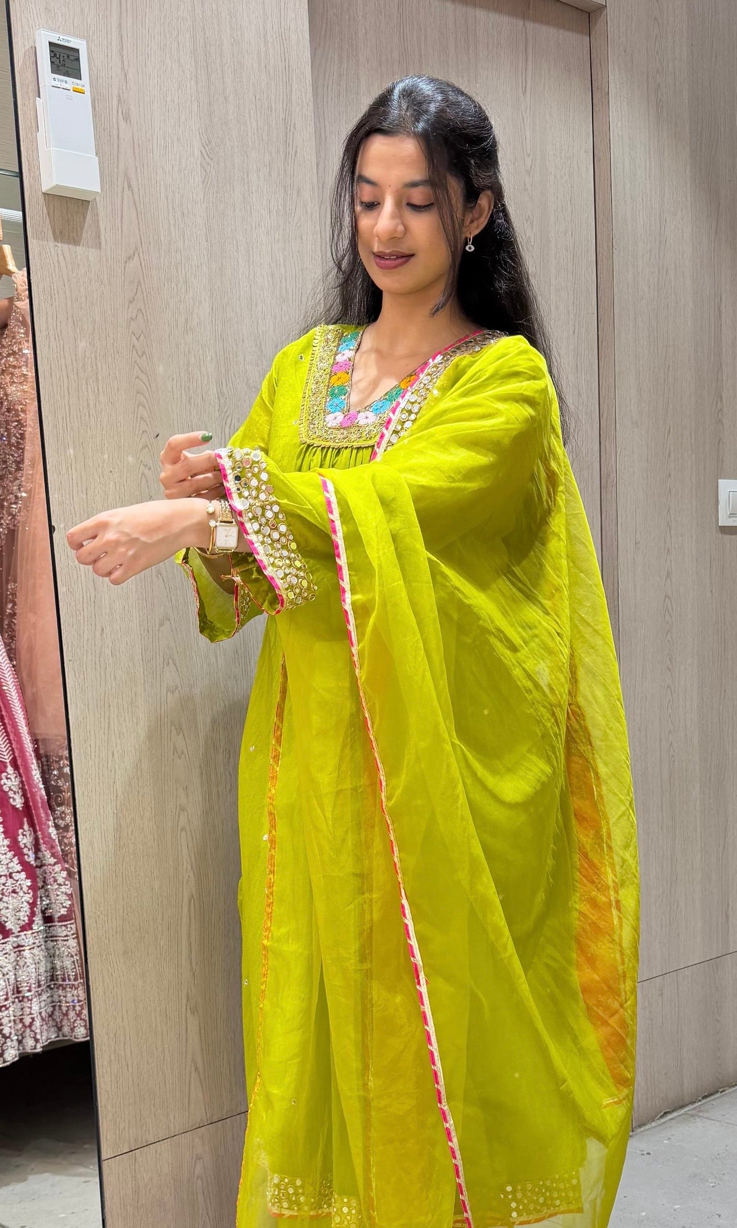 GREEN FLORAL NECK A LINE kurta set