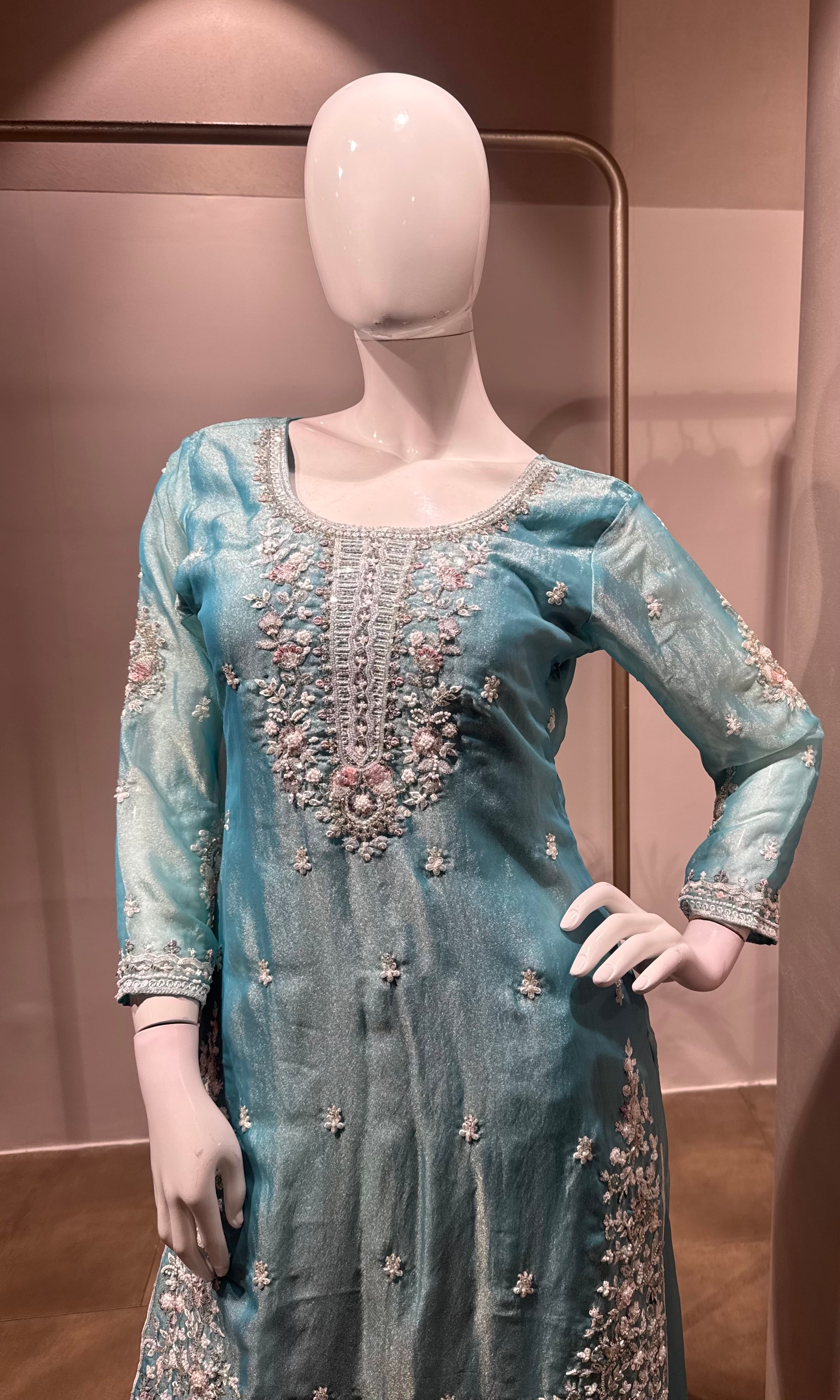 Sky Blue Embroidered Silk Palazzo set