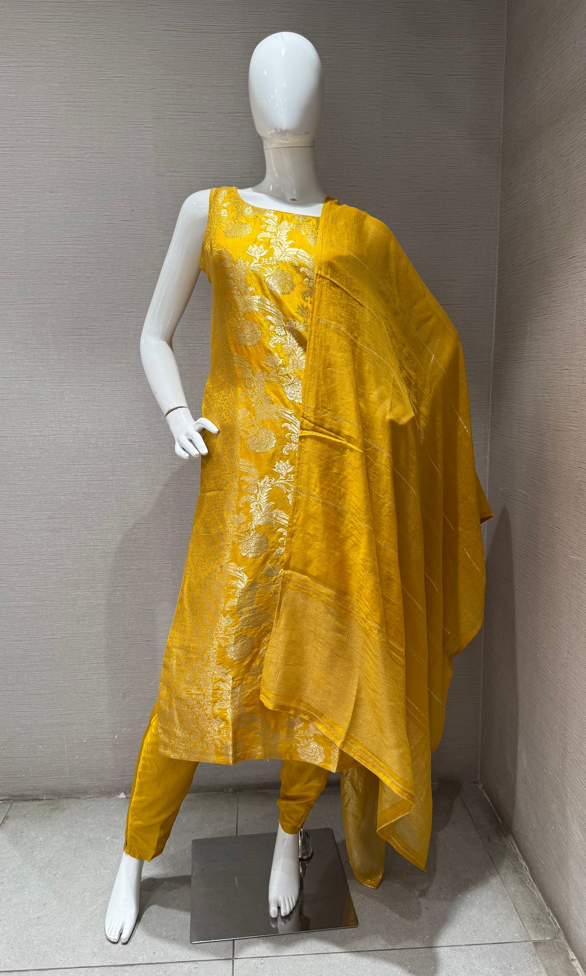 Mustard Banarasi Silk Golden Floral Zari kurta set