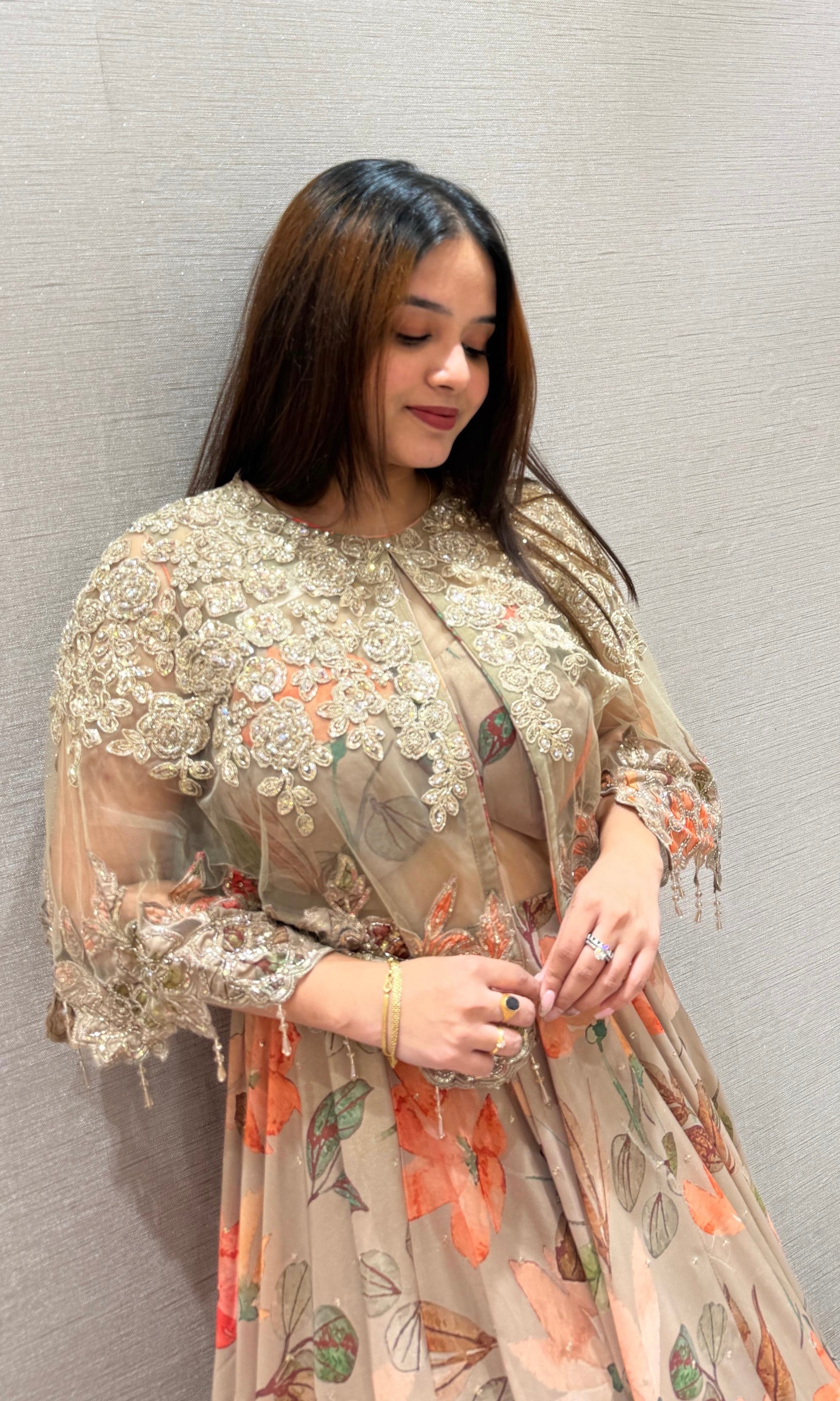 Brown floral with over coat Lehenga