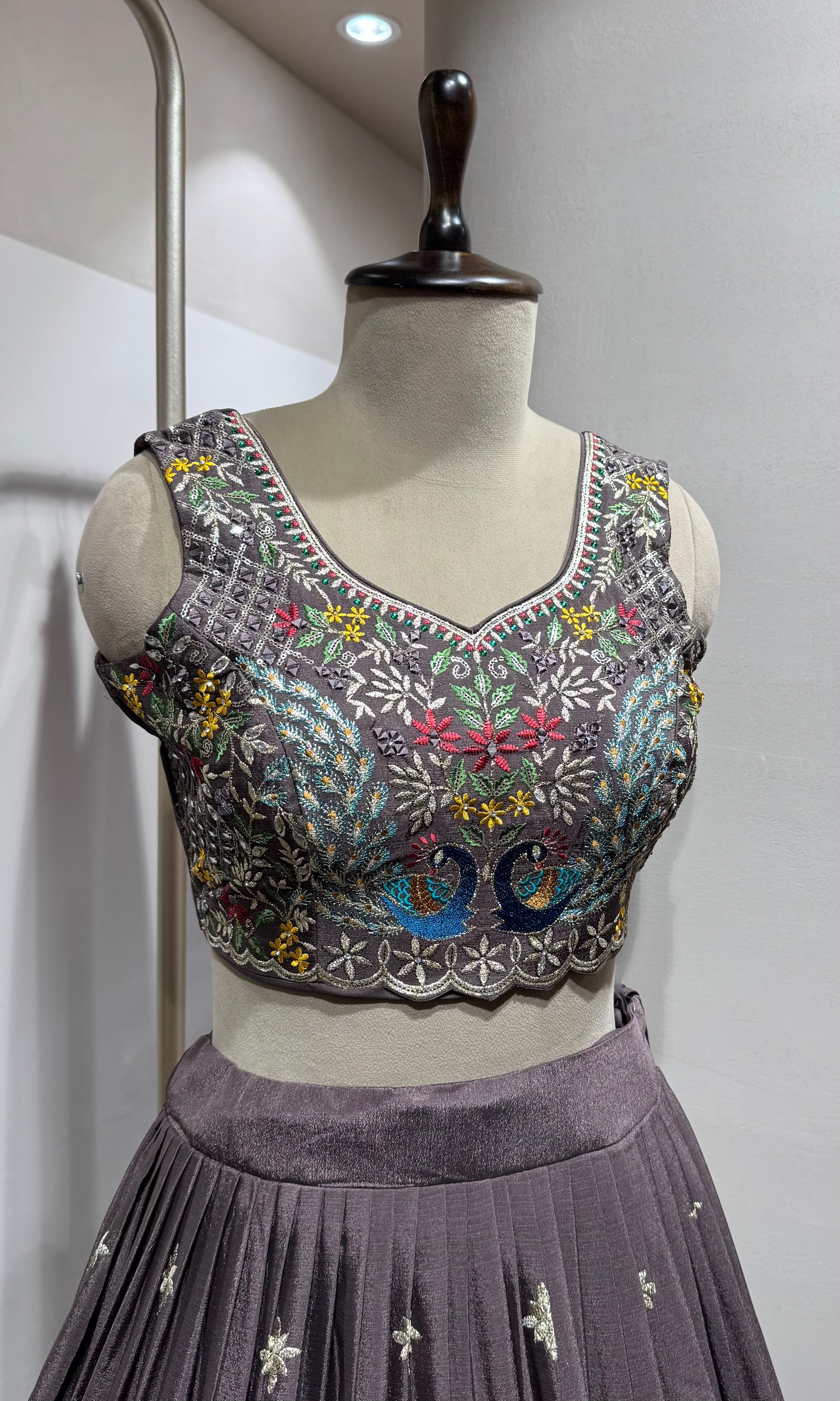 Brown Georgette Lehenga with Multi-Color Embroidery