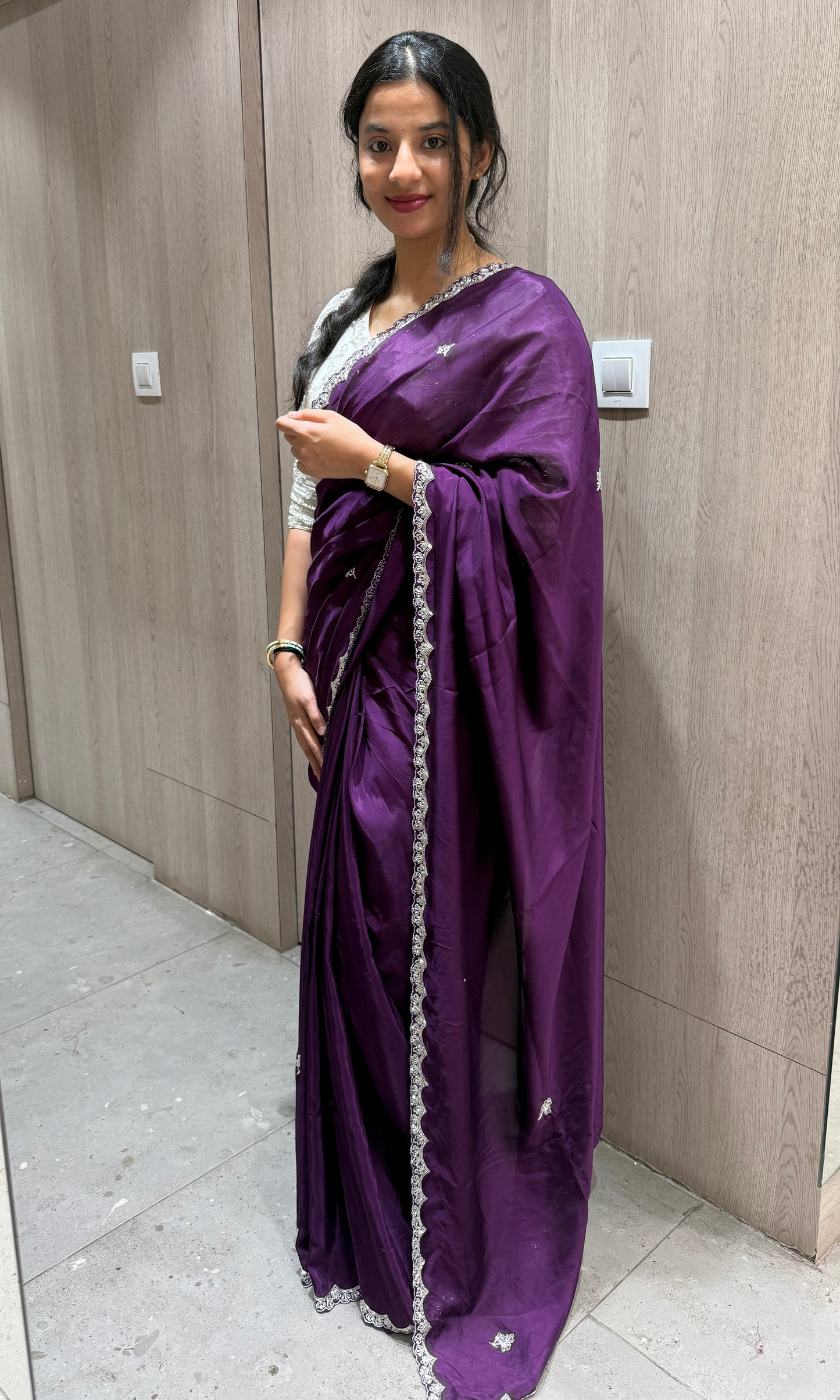 🤍White blouse with purple saree 7777💜