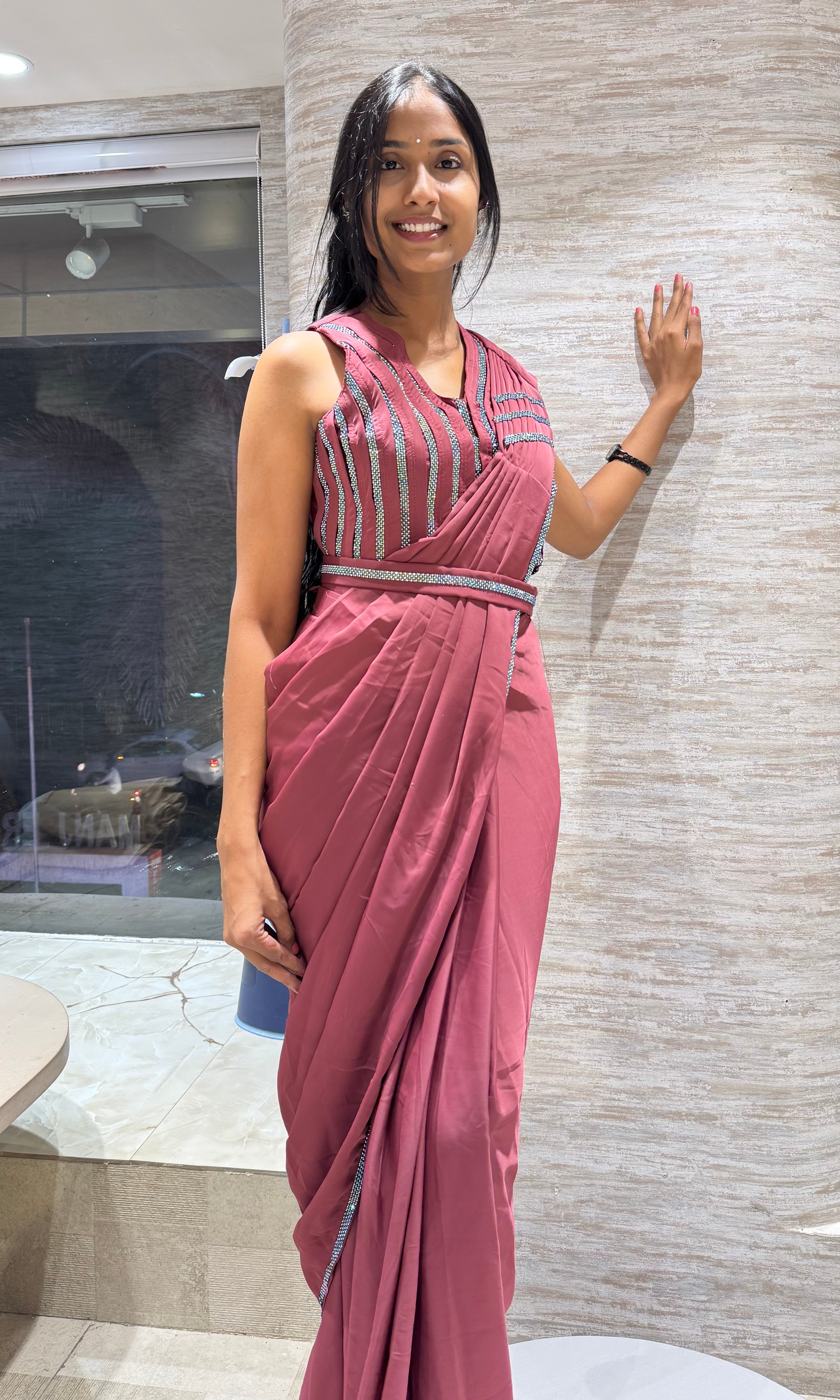 MAROON DRAPE SAREE WITH CORSET BLOUSE