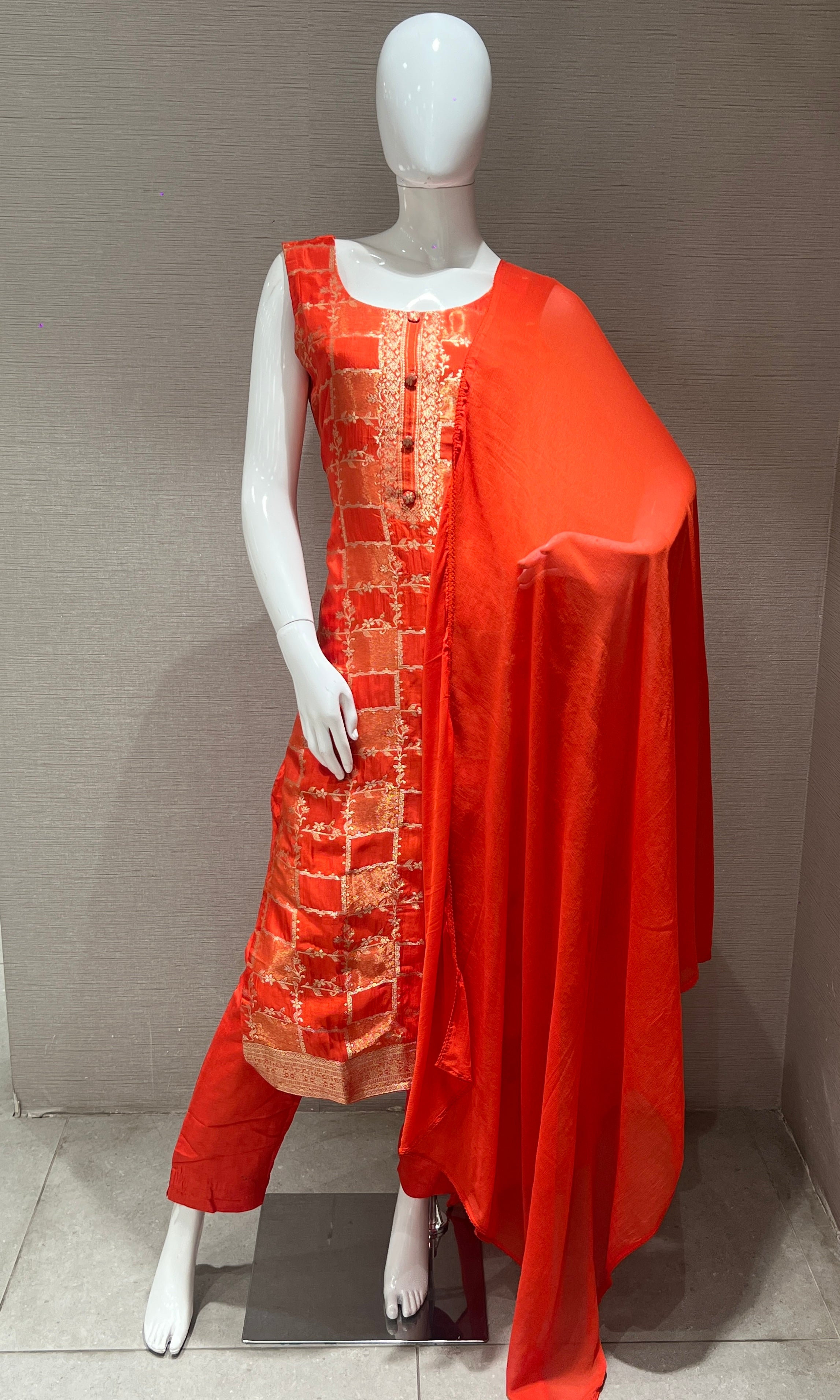 Orange kurta set Zari weaving 3333