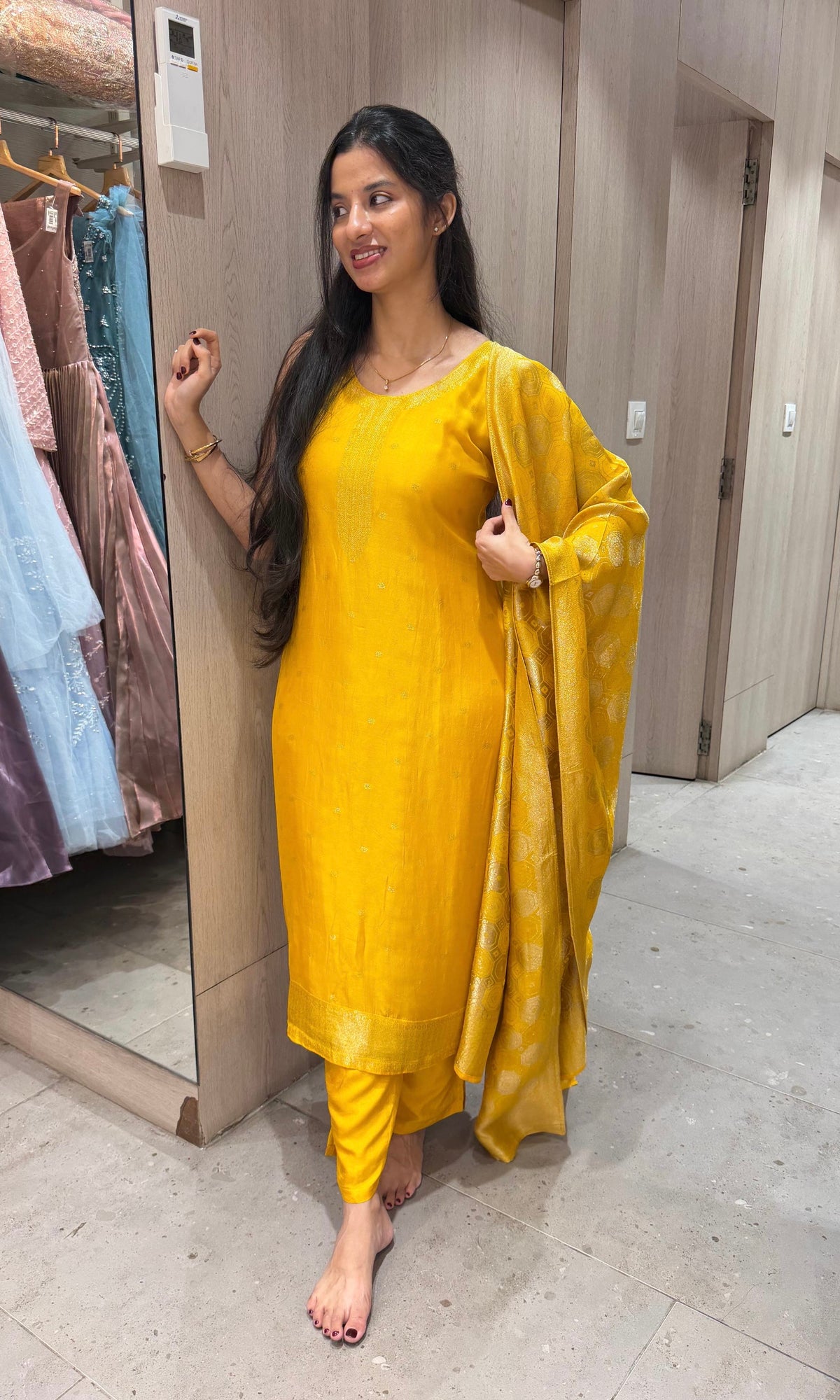 Yellow Banarasi silk Kurta Set with Patterned Dupatta
