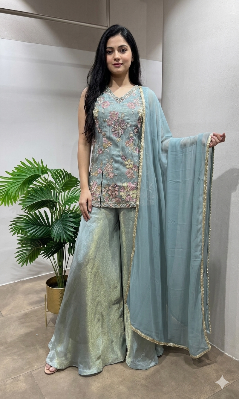 greenTissue Sharara Set with Floral Embroidery